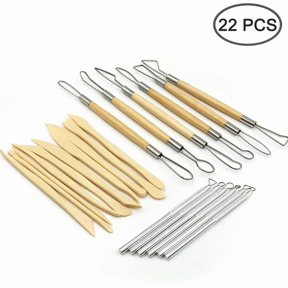 22 strumenti per scultura in argilla, manico in legno, utensili per intagliare la ceramica, metallo e strumenti per modellare l'argilla in plastica, per sculture in ceramica