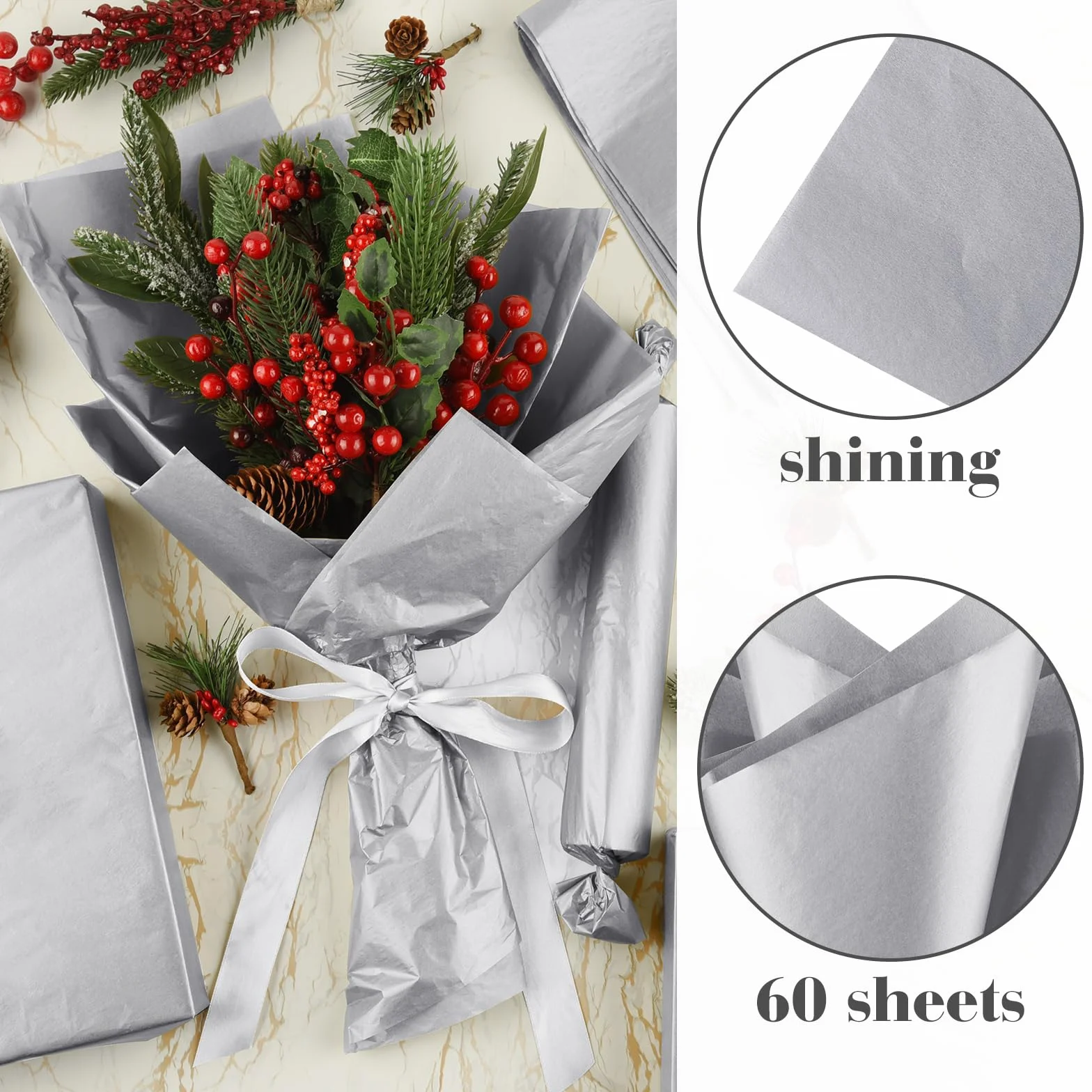 NEBURORA Carta velina metallizzata argento per sacchetti regalo 60 fogli Carta velina da imballaggio argento sfusa per confezioni regalo di Natale Artigianato d'arte Compleanno Decorazione di nozze