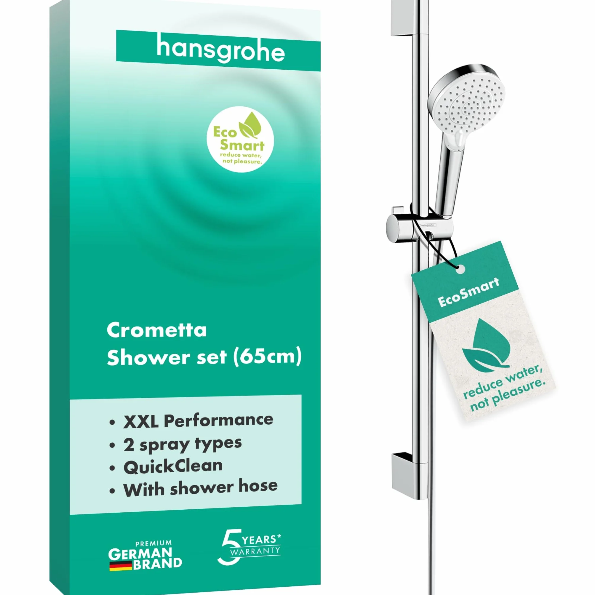 hansgrohe Crometta Set doccia Vario EcoSmart 9 l/min con asta doccia 65 cm, bianco/cromo, 26534400