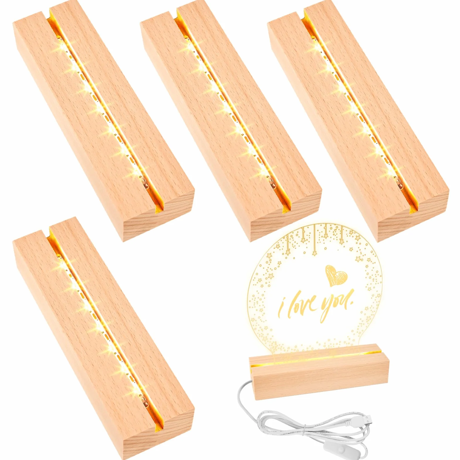 BAIFULAI 4 piedistalli a LED, 20 cm, base in legno, base luminosa, base luminosa con interruttore USB, colori caldi, supporto in legno, per blocchi di vetro, cristalli, vetro, resina, arte