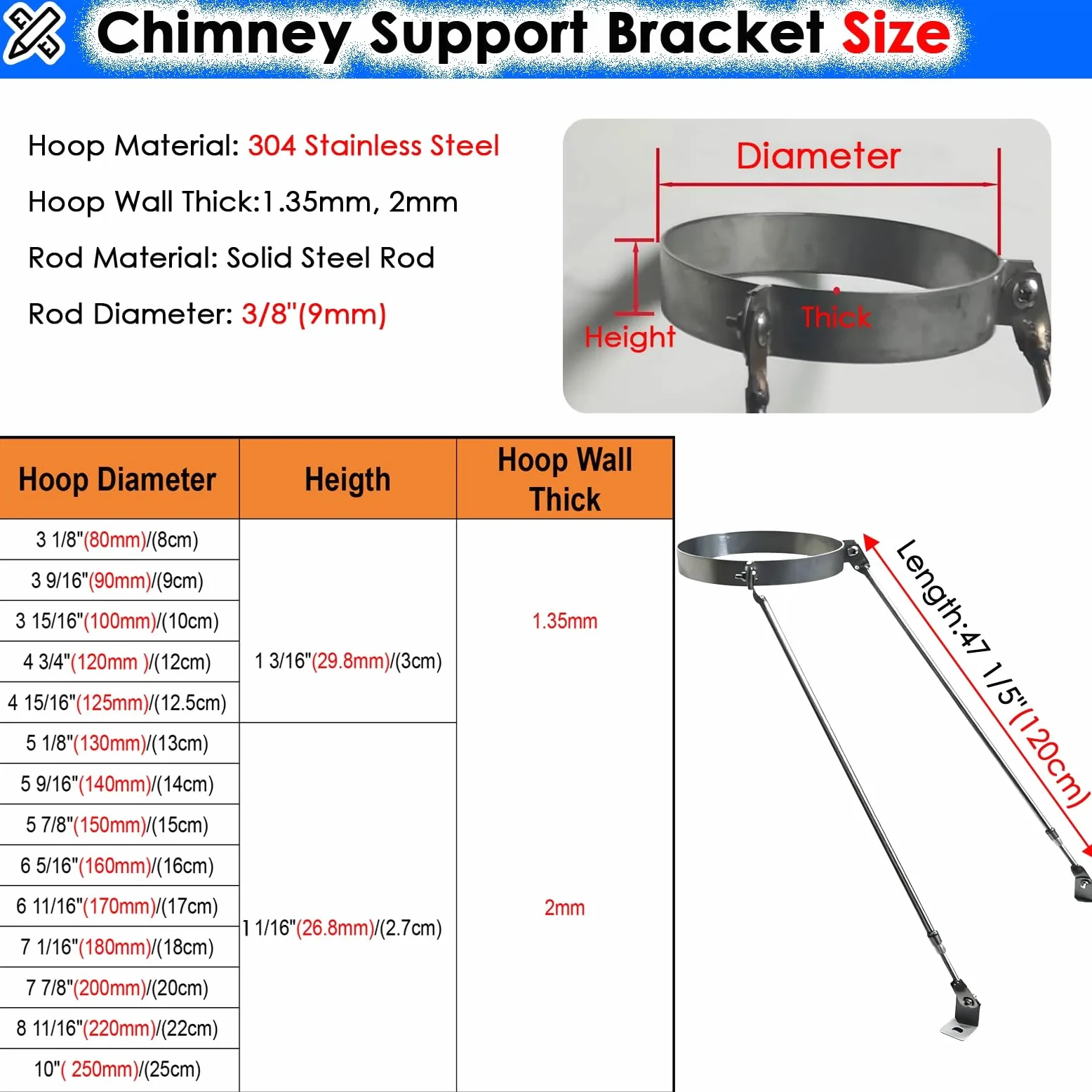 Generico Supporto per Tubo Camino in Acciaio Massiccio Resistente alle intemperie - Staffa di Supporto Rimovibile per Tubi di Scarico fumi e stufe, Adatto per diametri da 18 a 33 cm (Diametro del CER