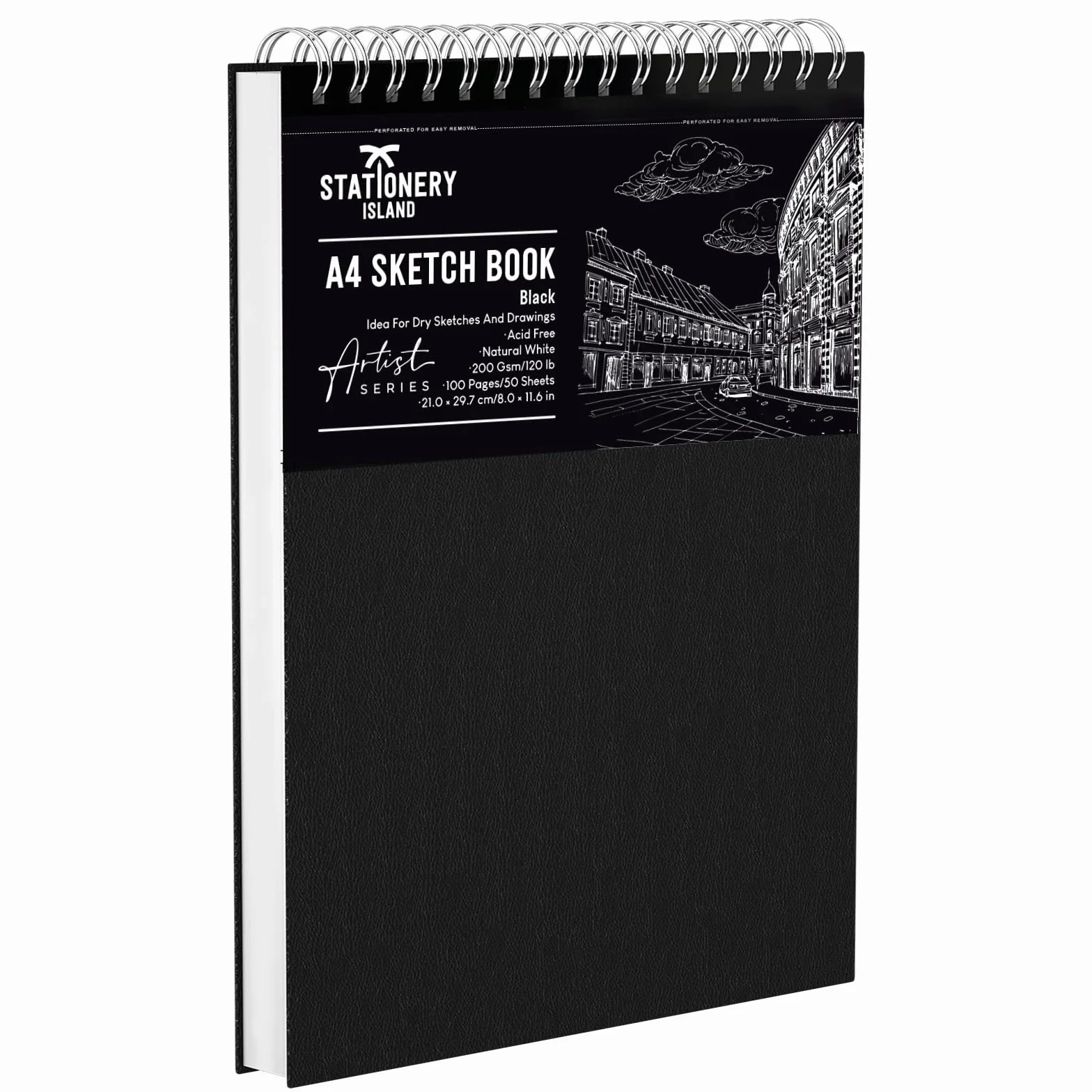STATIONERY ISLAND Quaderno da Disegno A4 200GSM 100 pagine (50 fogli) Blocco da Disegno Carta da Quaderno a Spirale Blocco per Schizzi per Artisti e Professionisti