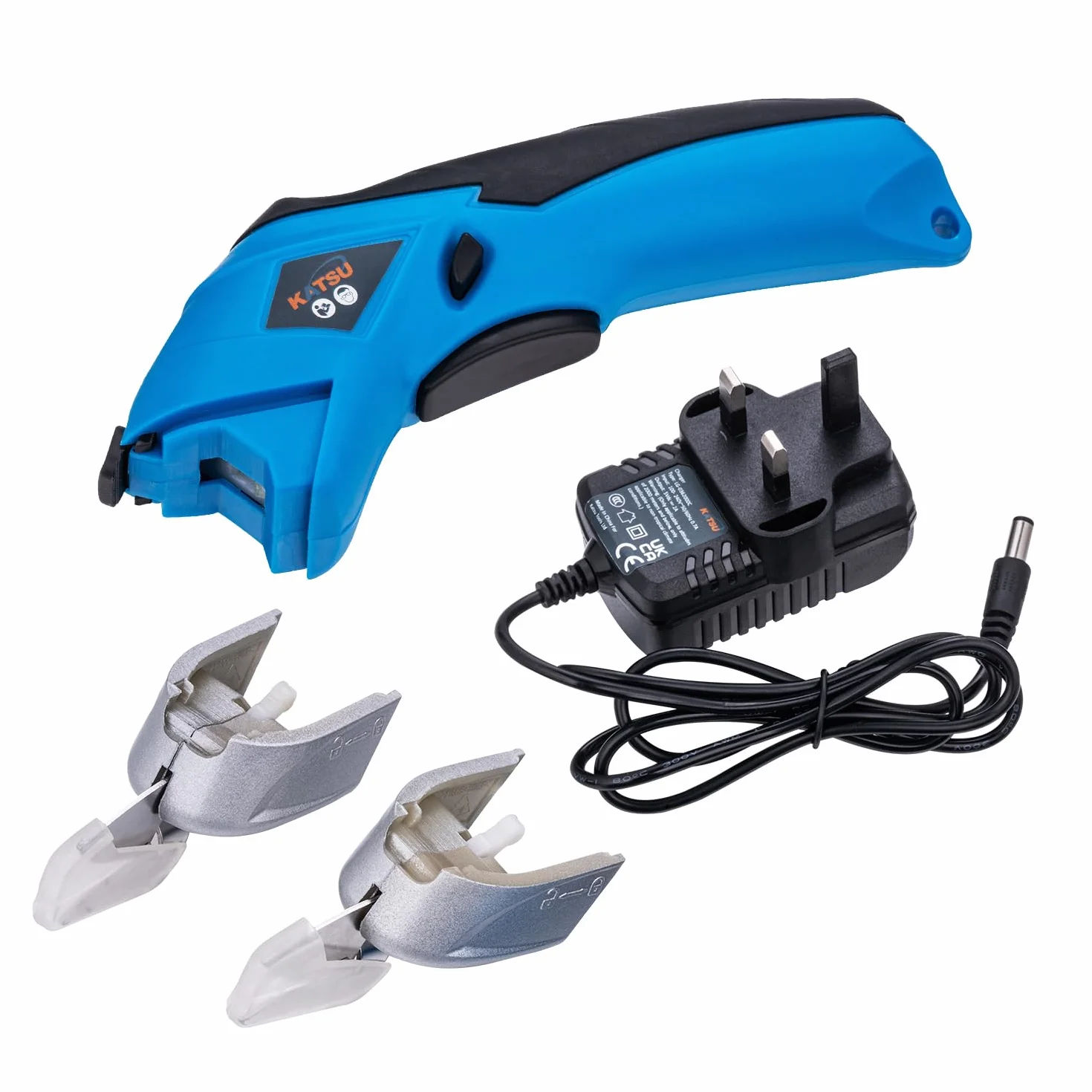 KATSU Tools Forbici Elettriche Cutter per Tessuti 3,6V Ricaricabile con 2 Teste da Taglio in Lega di Acciaio Forbici a Batteria per Tessuto Carta Cartone Pelle Panno