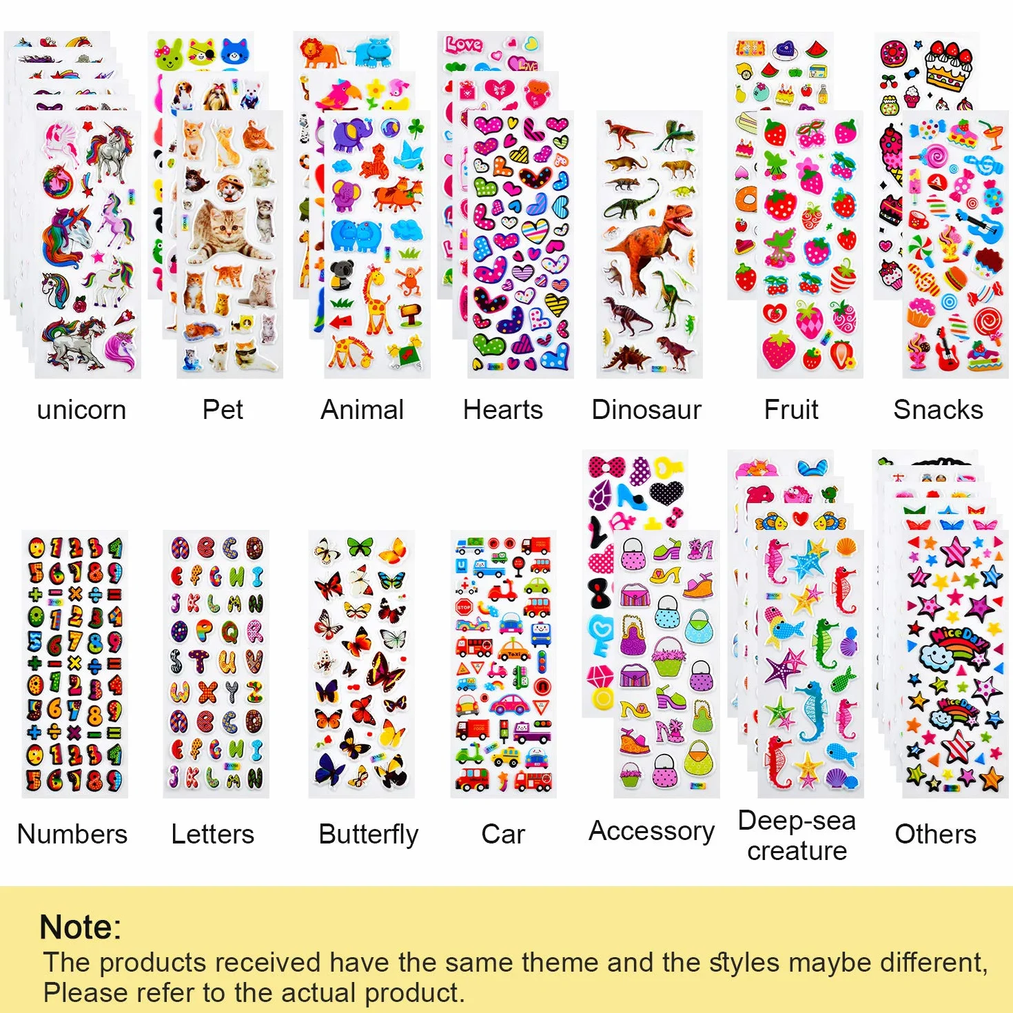 Habett Adesivi per Bambini, 920+ Stickers 3D per Puffy Adesivi per Regali Gratificanti Scrapbooking Inclusi Camion, Unicorno, Animali, Pesci, Dinosauri, Numeri, Frutta e Altro (36 Fogli)