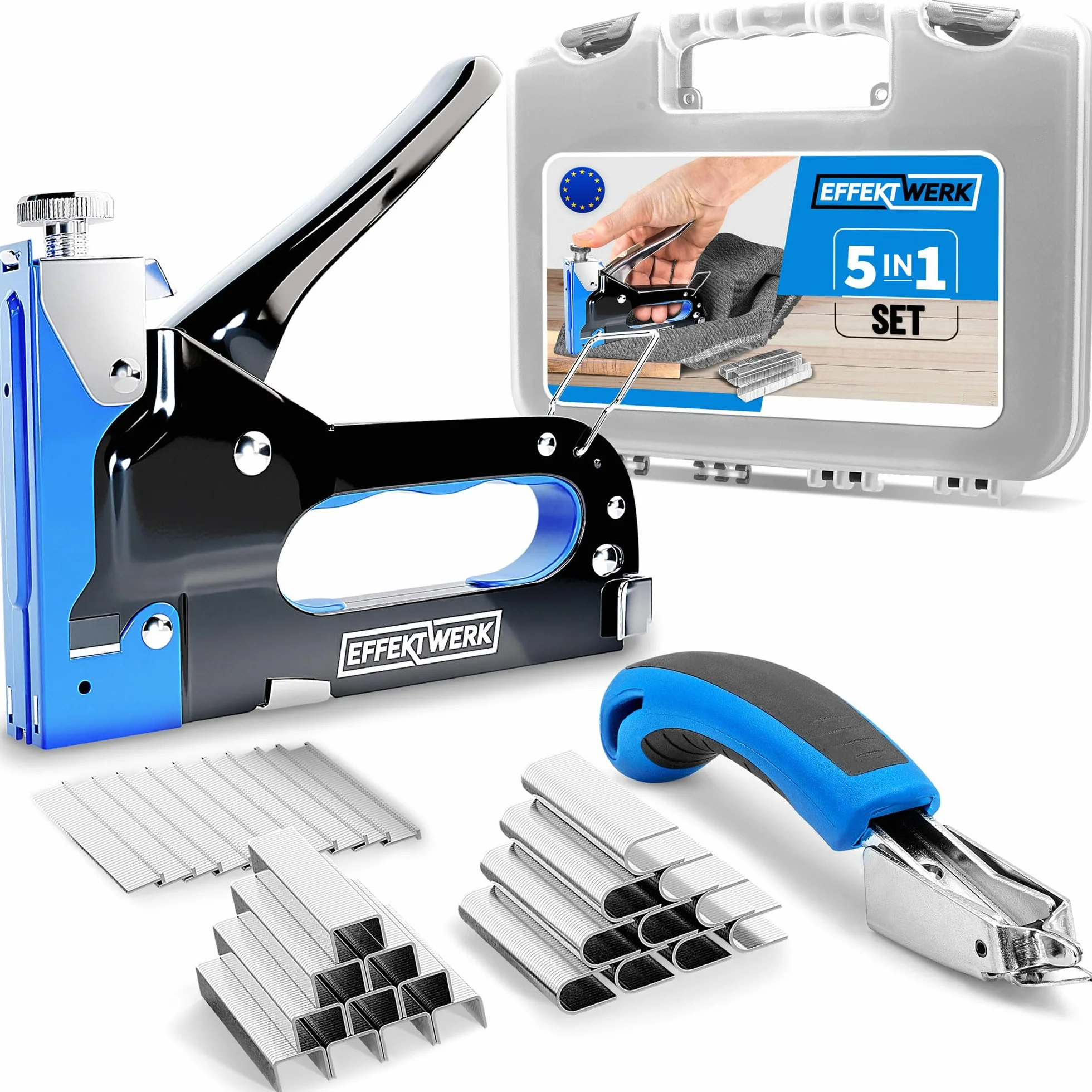 Set Graffatrice 5 in 1 - Graffatrice Pesante + 1500 Punti + Levapunti per Legno, Tessuto, Rete Metallica - Costruzioni, Artigianato, Tappezzeria