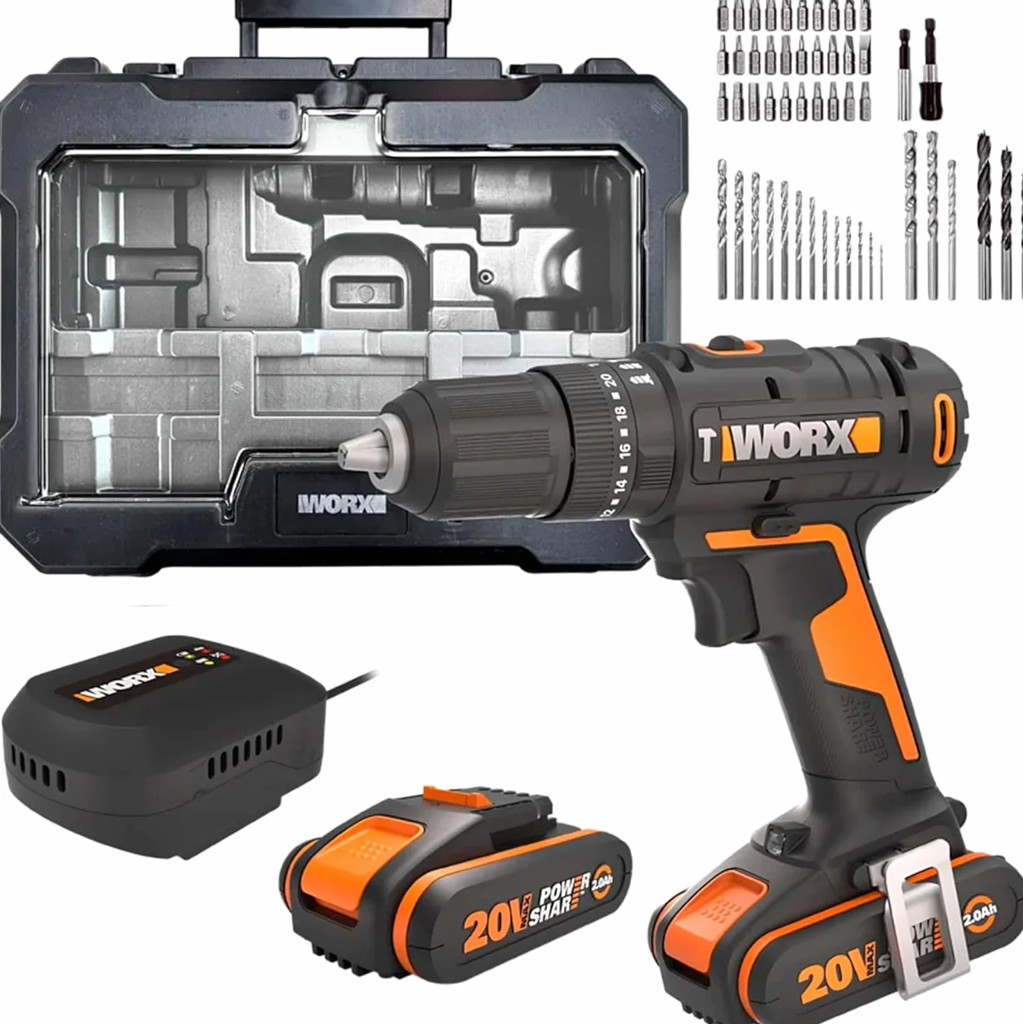 WORX Trapano a percussione senza fili 20 V WX370.2, 3 in 1, coppia massima di 50 Nm, mandrino 13 mm (multimateriale, 2 velocità, leggero ed ergonomico, con 1 batteria, caricabatterie, set di 51