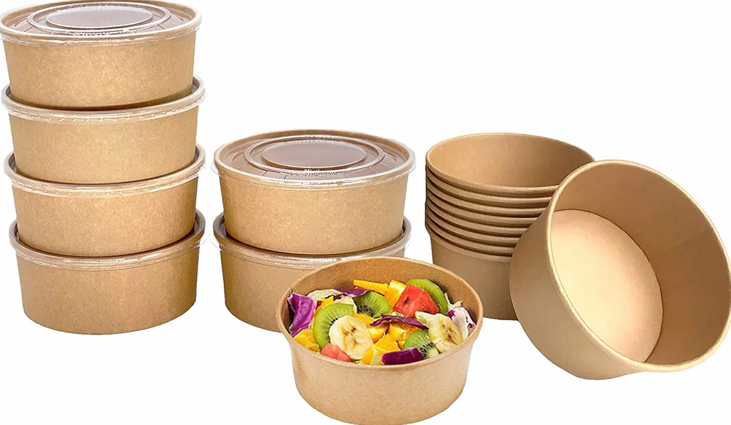 Ciotole per insalata con coperchi 50 pezzi 1000 ml contenitori cartone marrone Bio rivestimento PLA