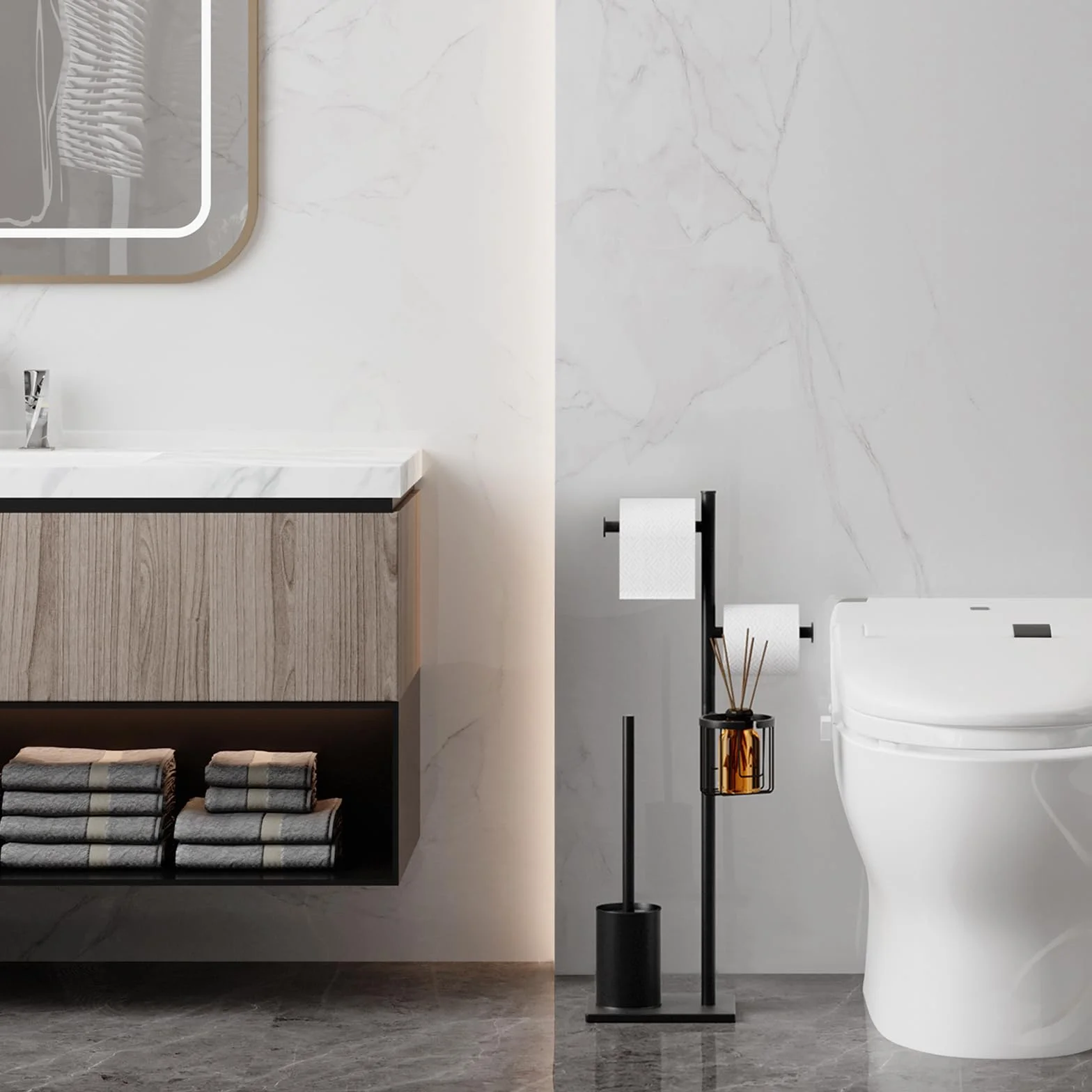 Porta carta igienica set in acciaio inox Nero, autoportante, completo di scopino WC e cestino porta oggetti, perfetto per organizzare il bagno con eleganza e praticità