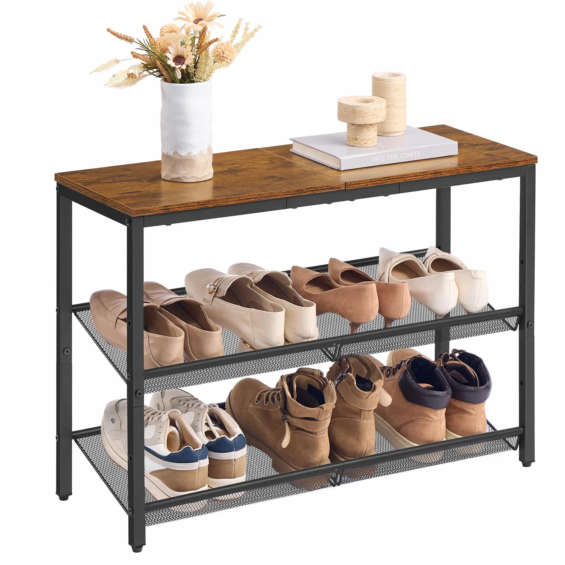 VASAGLE Scarpiera, Scaffale Portascarpe da Ingresso a 3 Livelli con Piano Ampio e Ripiani di Rete Regolabili, Slim, per Entrata Corridoio, Marrone Vintage e Nero Inchiostro LBS043KD01