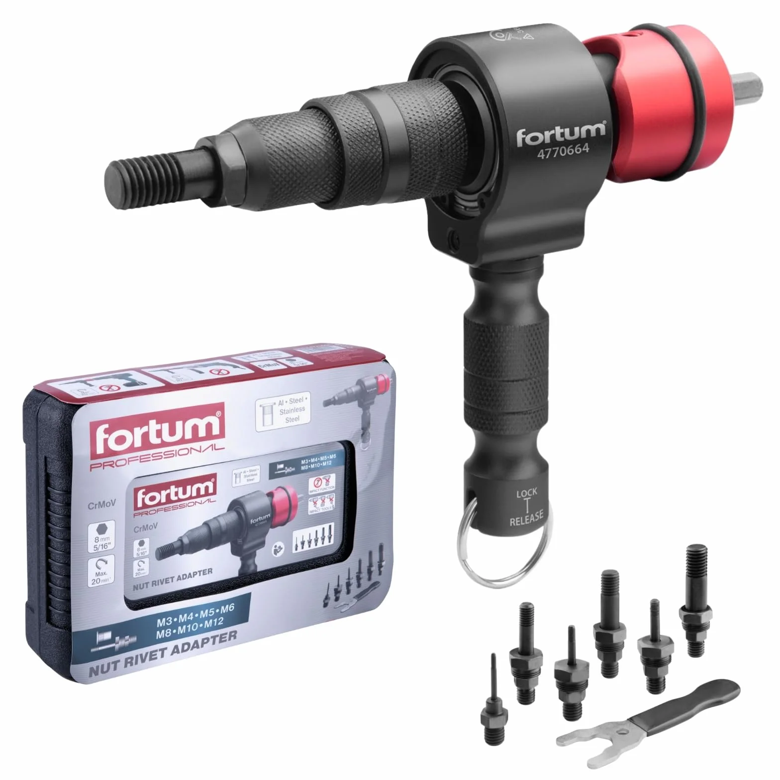 Accessorio per dado rivetto per avvitatrice a batteria e trapano I Rivettatrice per dadi in alluminio, acciaio e acciaio inox I Per rivetti ciechi con inserti M3-M12 I Adattatore