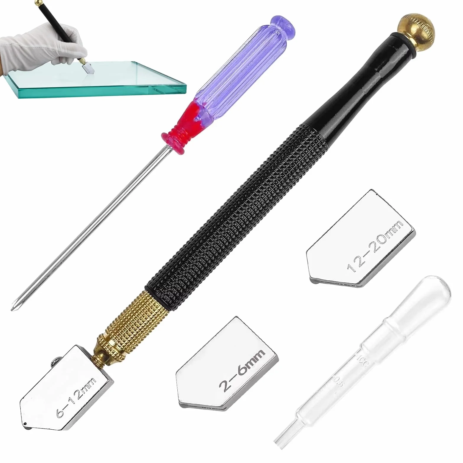 Tagliavetro, tagliavetro, tagliavetro per vetro spesso, tagliavetro, con 3 teste di taglio in metallo duro, adatto per tagliare vetro spesso (2 mm - 20 mm)