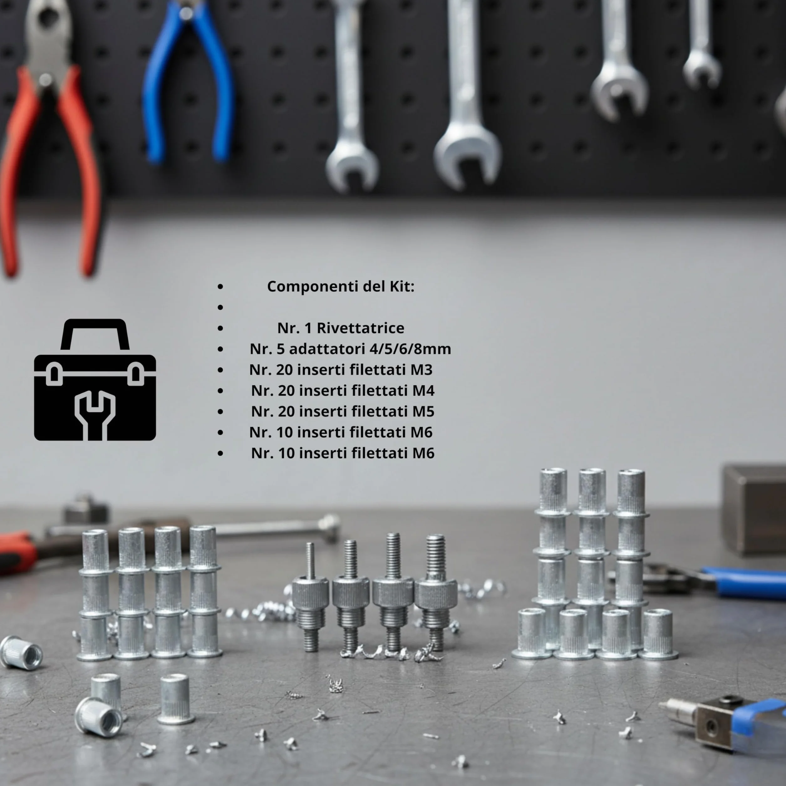 Kit Rivettatrice Inserti Filettati 86 Pezzi 4/5/6/8mm Dadi Rivetti M3-M8 Professionale Pinza Manuale