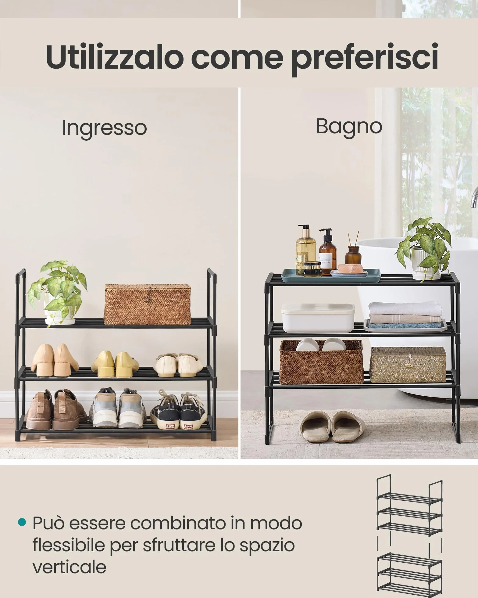 SONGMICS Scarpiera 3 Ripiani Portascarpe Metallo 30x68x55 cm Nero