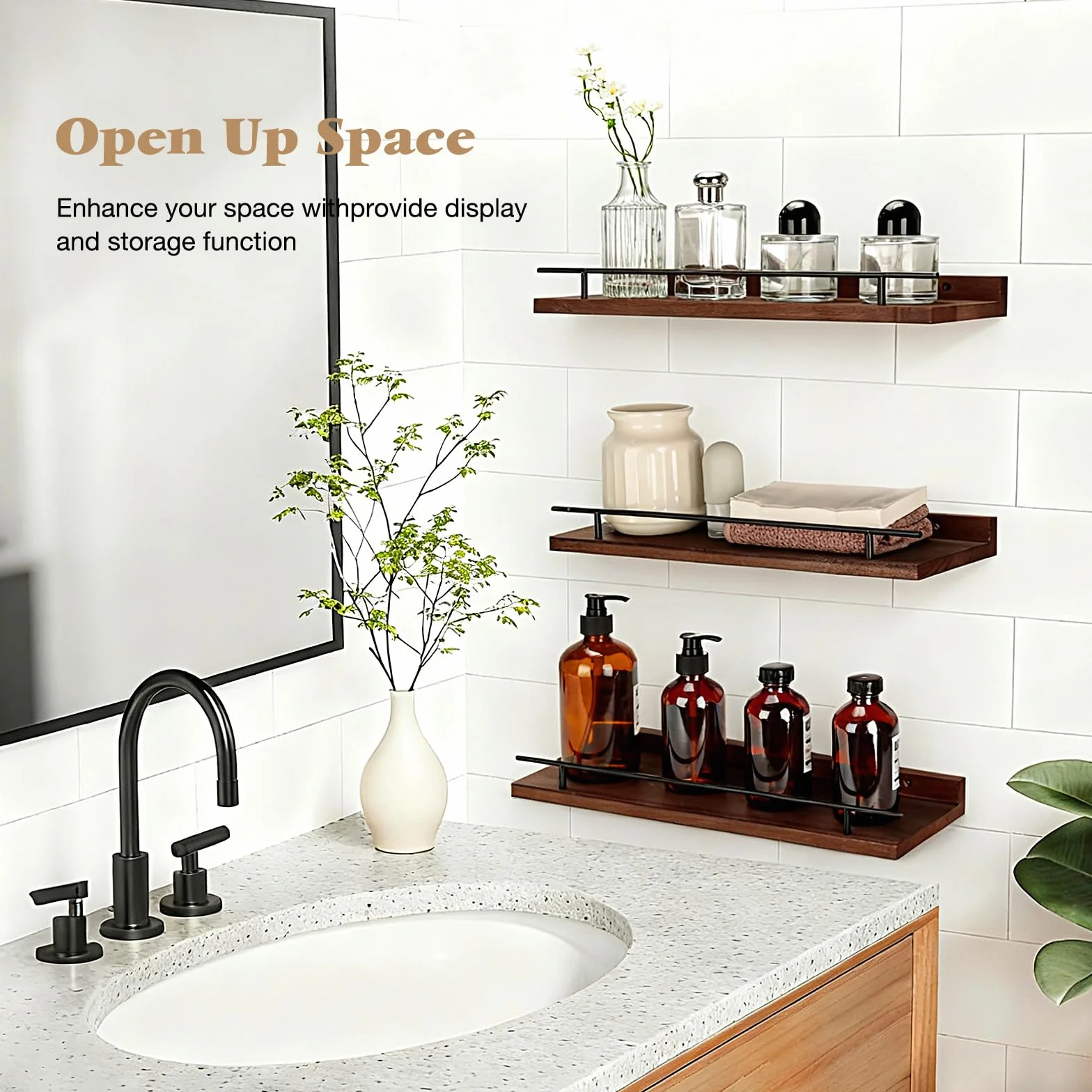 VINATO Set di 3 Mensole da Muro 40x15x4.5CM per Cucina Soggiorno Ufficio e Camera da Letto, Mensole in Legno, Marrone