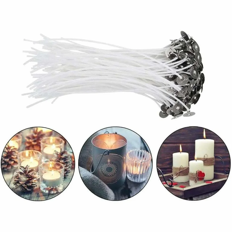 100 stoppini per candele in cotone naturale, commestibili per uso alimentare, con linguette di supporto in metallo, per realizzare candele a colonna e fai da te (10 cm)