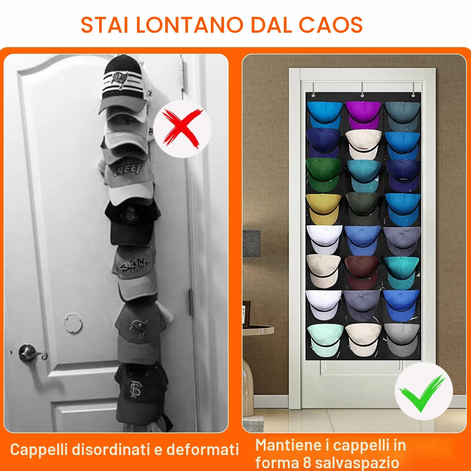 Porta Cappelli da Baseball 24 Tasche Organizer Sulla Porta Nero