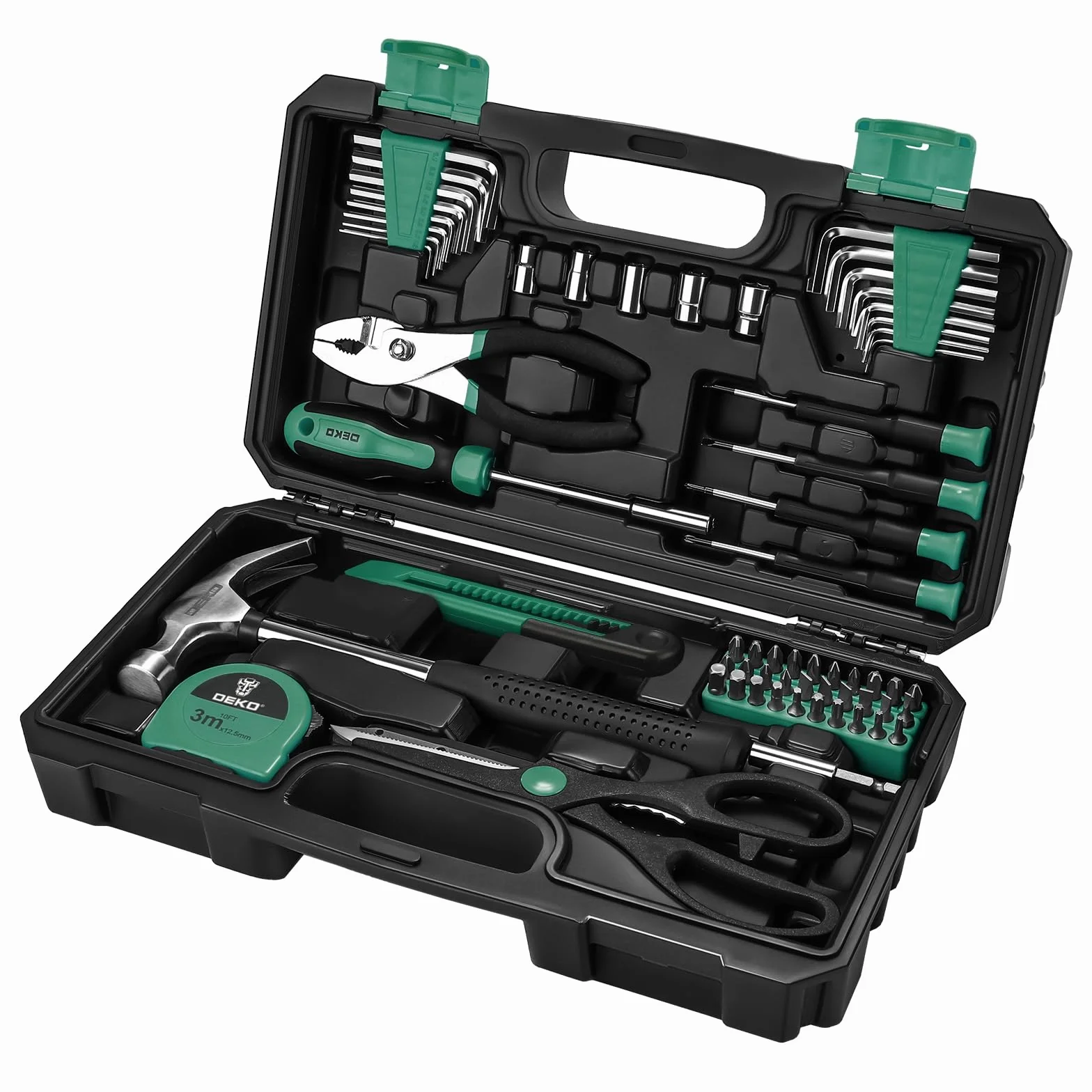 DEKOPRO TZ62 Set da 62 pezzi Utensili manuali per casa con custodia plastica Verde