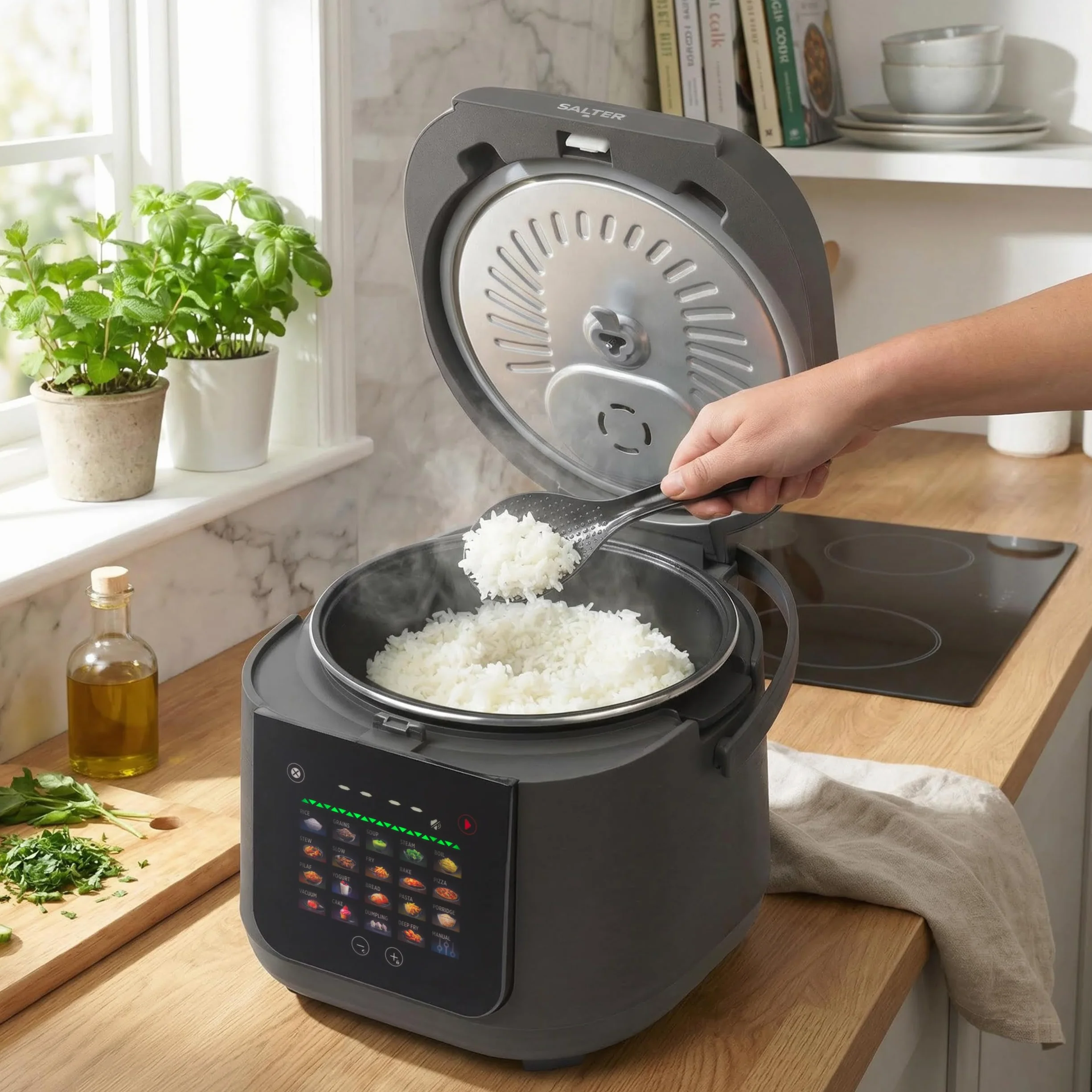 Salter Multicooker 5 Litri - 20 Programmi Preimpostati e Mantieni Caldo per 12 Ore, Rivestimento Antiaderente Senza PFAS, Coperchio Interno Rimovibile e Valvola di Vapore, 860W
