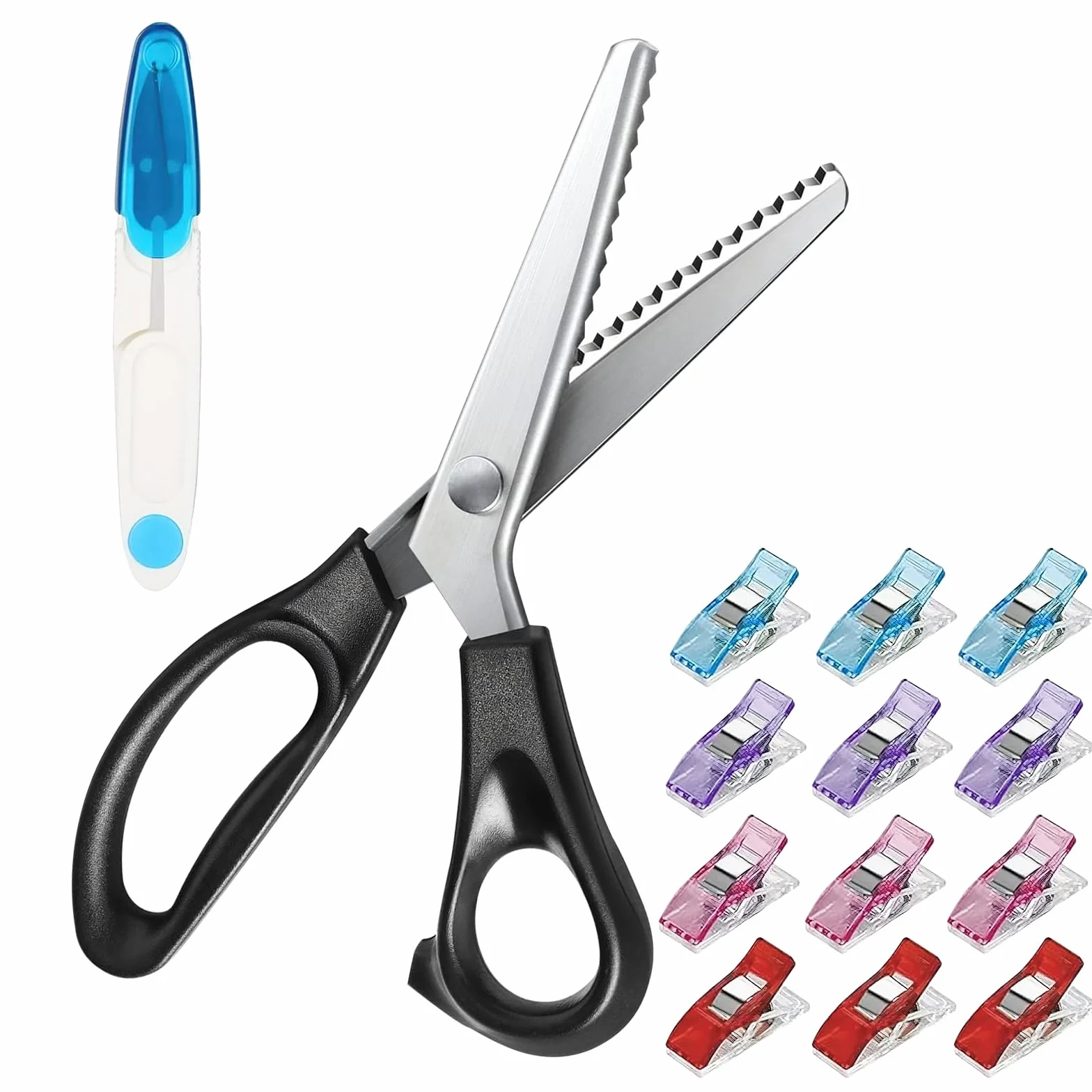 Set di forbici per tessuti, forbici professionali, forbici per stoffa a zig-zag con 12 fermagli per stoffa e punto croce, forbici seghettate per tagliare vestiti (style 1)