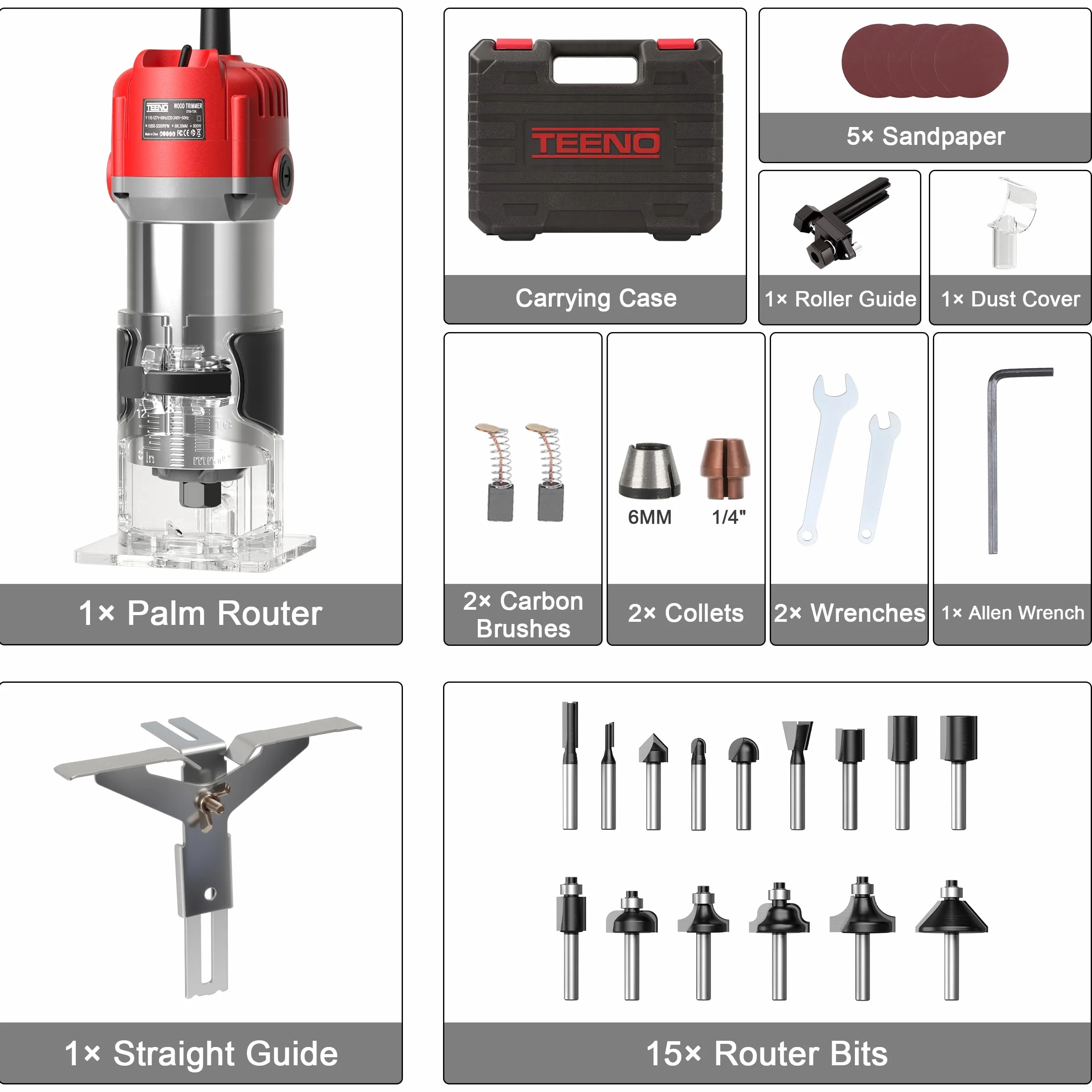 TEENO Rifilatore Fresatrice Verticale per Legno 800W 15000-32000 RPM, 6 Velocità Variabili Legno Rifilatrice Elettrica,32 Accessori,15 pezzi 1/4" Fresatura Cuter, Mandrino 6/6.35,SCATOLA DI PLASTICA