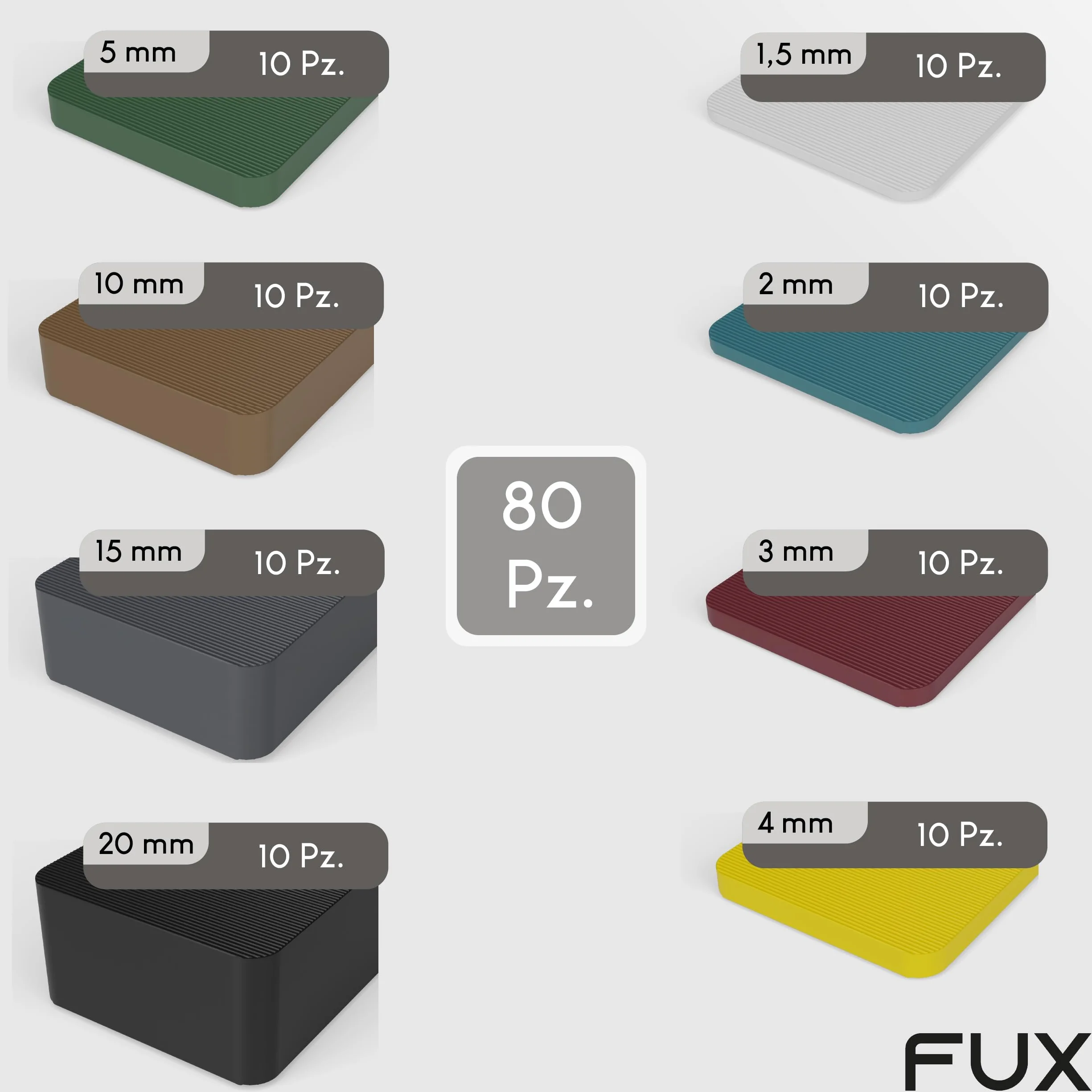 FUX, 80 pezzi, set di distanziatori in plastica, 60 x 40 x 1,5-20 mm, assortimento di tasselli di rivestimento, piastrine di supporto, piastrine di compensazione, piastrine di plastica, cunei per
