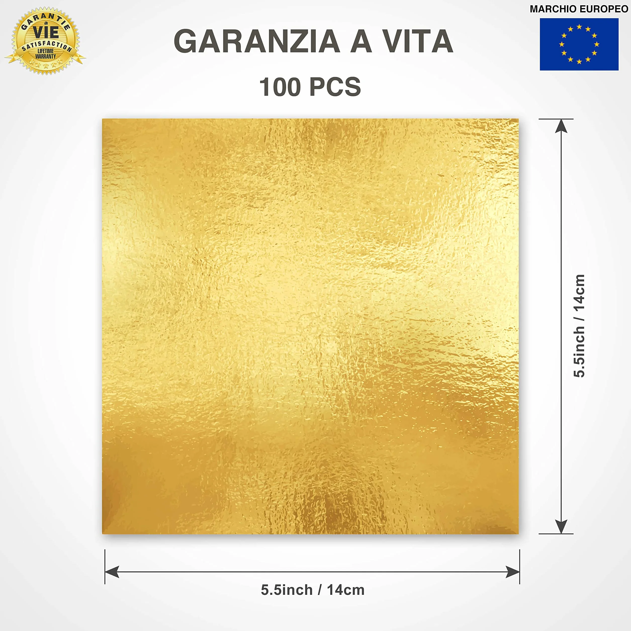 Foglia Oro -✮Garanzia A Vita✮- 100 Fogli di Imitazione Foglia d'oro con Rifinitura Liscia, 14 cm - Materiale di Doratura Artigianale per Decorazione Fai da Te, Mobili, Quadri, Decoupage