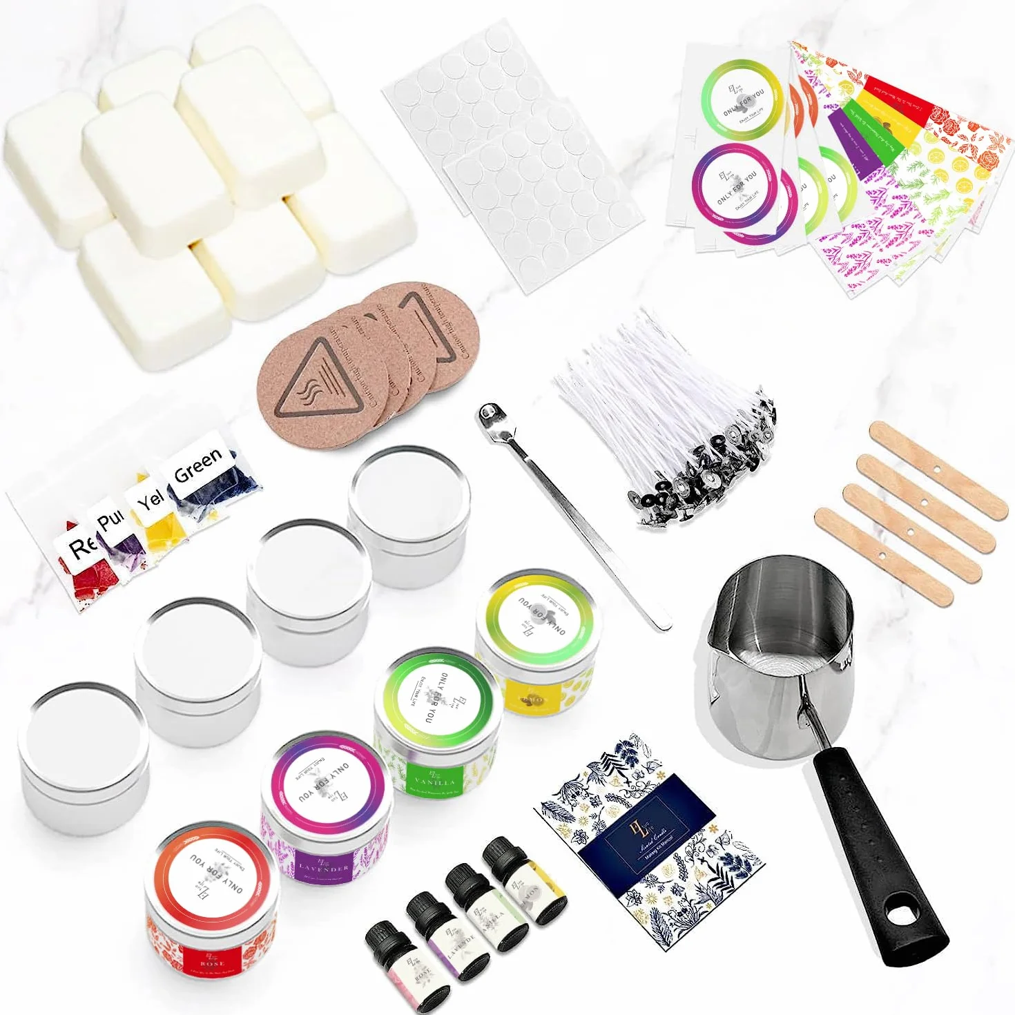 Kit per Fabbricazione Candele,Kit Candele fai da te,Aromaterapia Per La Creazione di Candele,Cera di soia,Creazione di Candele, Crogiolo,Oli Profumati,Scatole Per Candele,Stoppini,Cera Colorante