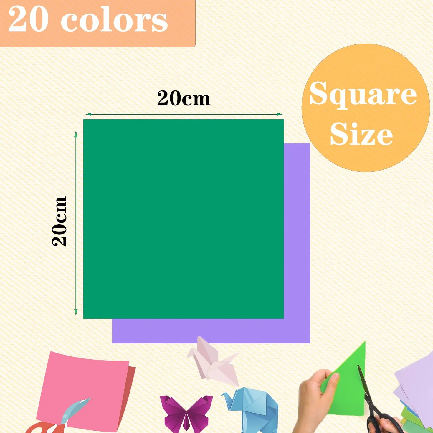 200 Fogli di Carta per Origami, 20 x 20 cm, Doppio Lato (70 g/m²), 20 Colori, Quadrati per Bambini, Progetti Fai Da Te, Scuola, Artigianato