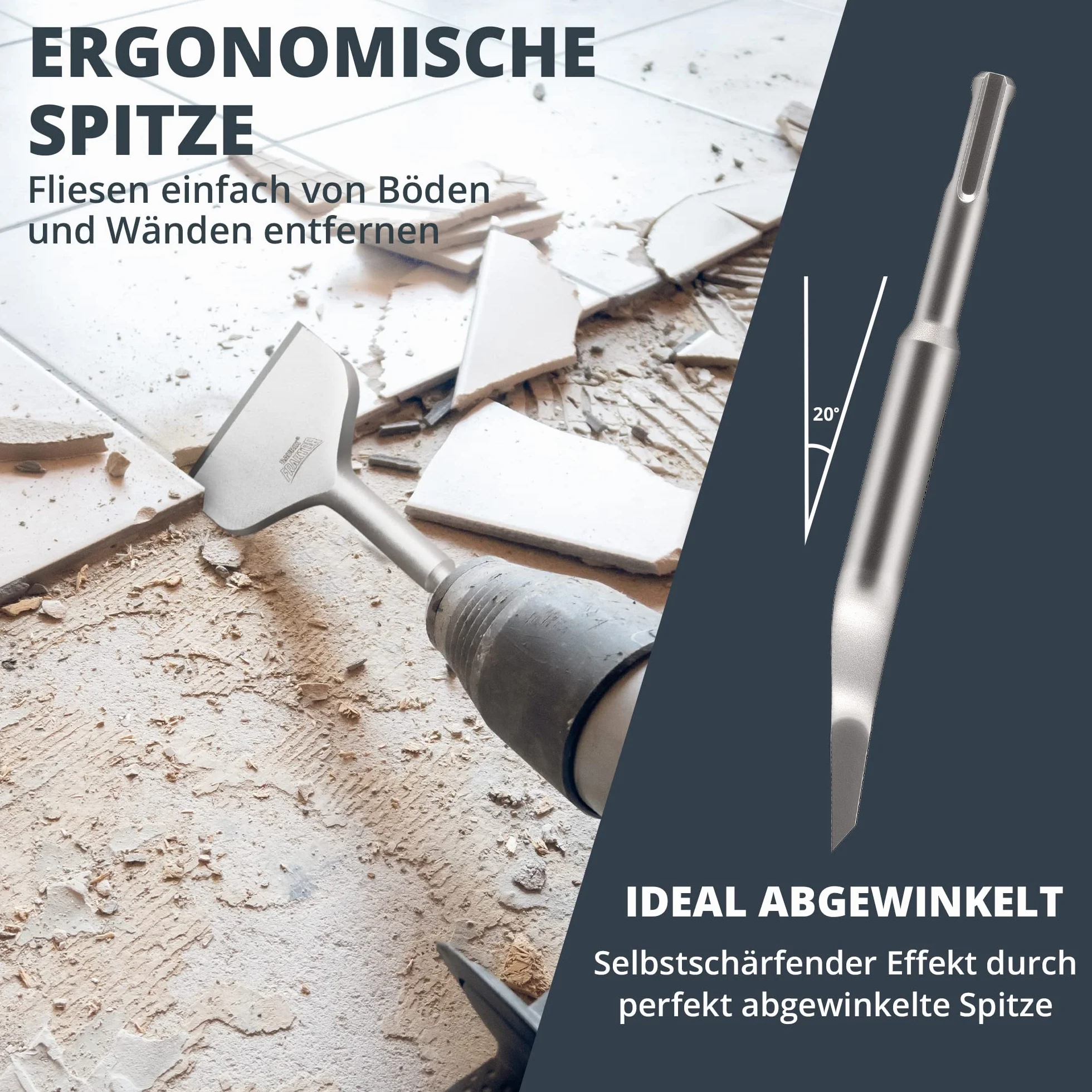 BAURIX® Scalpello SDS Plus - Sistema FRAKTOR® - Scalpello Piastrelle per rimozione delle piastrelle e adesivi per piastrelle senza sforzo - Scalpelli SDS Plus in acciaio speciale 42CrMo (165 x 75 mm)