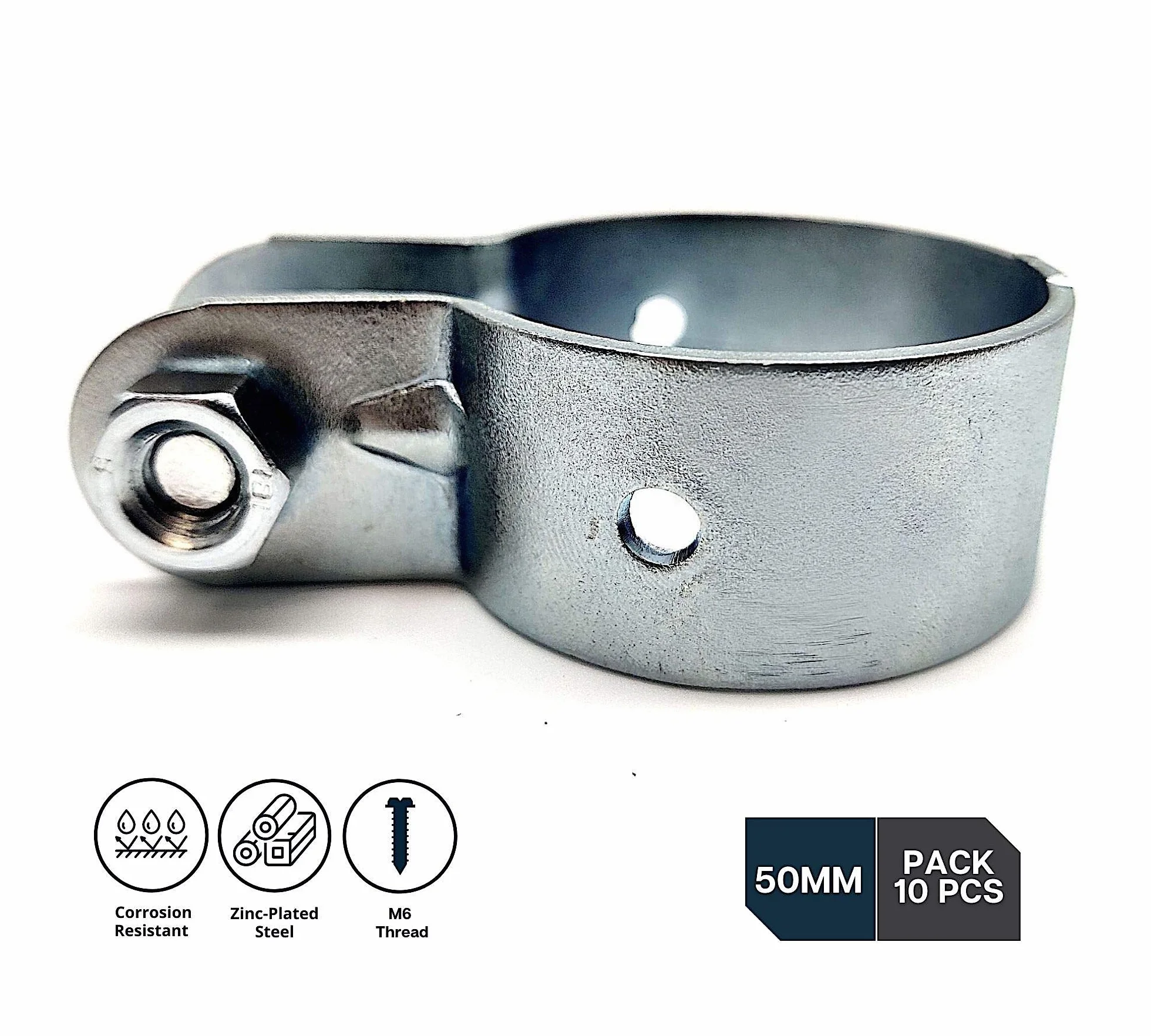 DOJA INDUSTRIAL | Morsetti Terminali Recinzioni | 50 mm | 10 Pezzi | Fascette Metalliche Fissaggio Palo Recinzione | Zincato | Morsetti Recinzione | Collare di Fissaggio Staffe Recinto Modulare