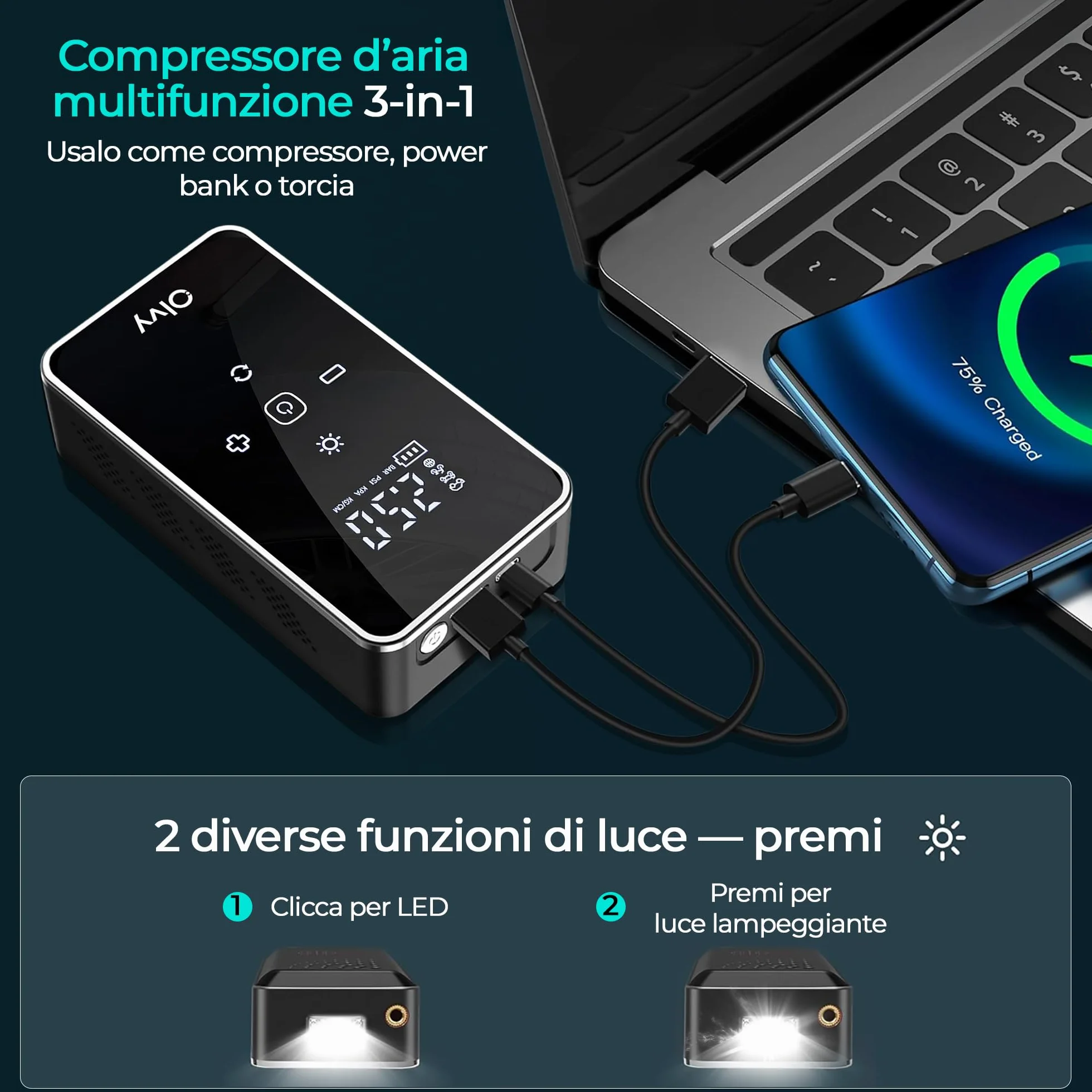 Olvy Compressore d'aria portatile senza fili 12V 6000 mAh Display digitale Luce LED