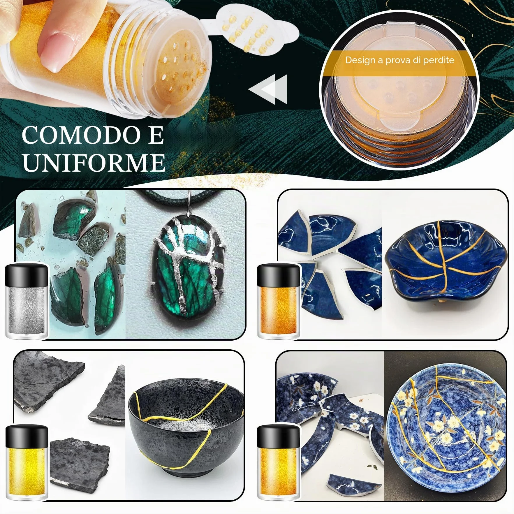 Set di riparazione Kintsugi, 50ml Oro/Argento Set Kintsugi Adesivo per Porcellana, Sicuro per Alimenti Set di Riparazione per Ceramica, per la Riparazione di Ceramica Rotta, Vetro, Sculture, Ceramiche