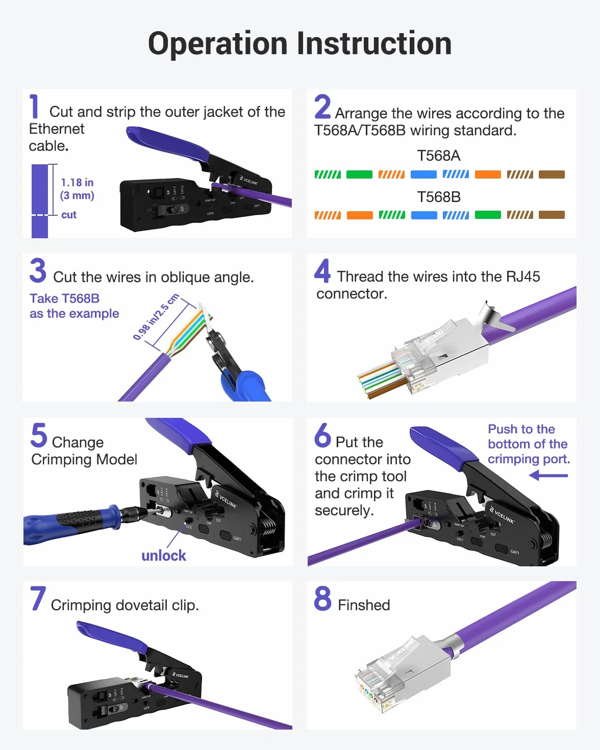 VCELINK GJ671BL Pinza Crimpatrice RJ45 Passante Multifunzione, Professionale per Connettori RJ45/RJ12/RJ11, Compatibile con Cavi Cat5-Cat7