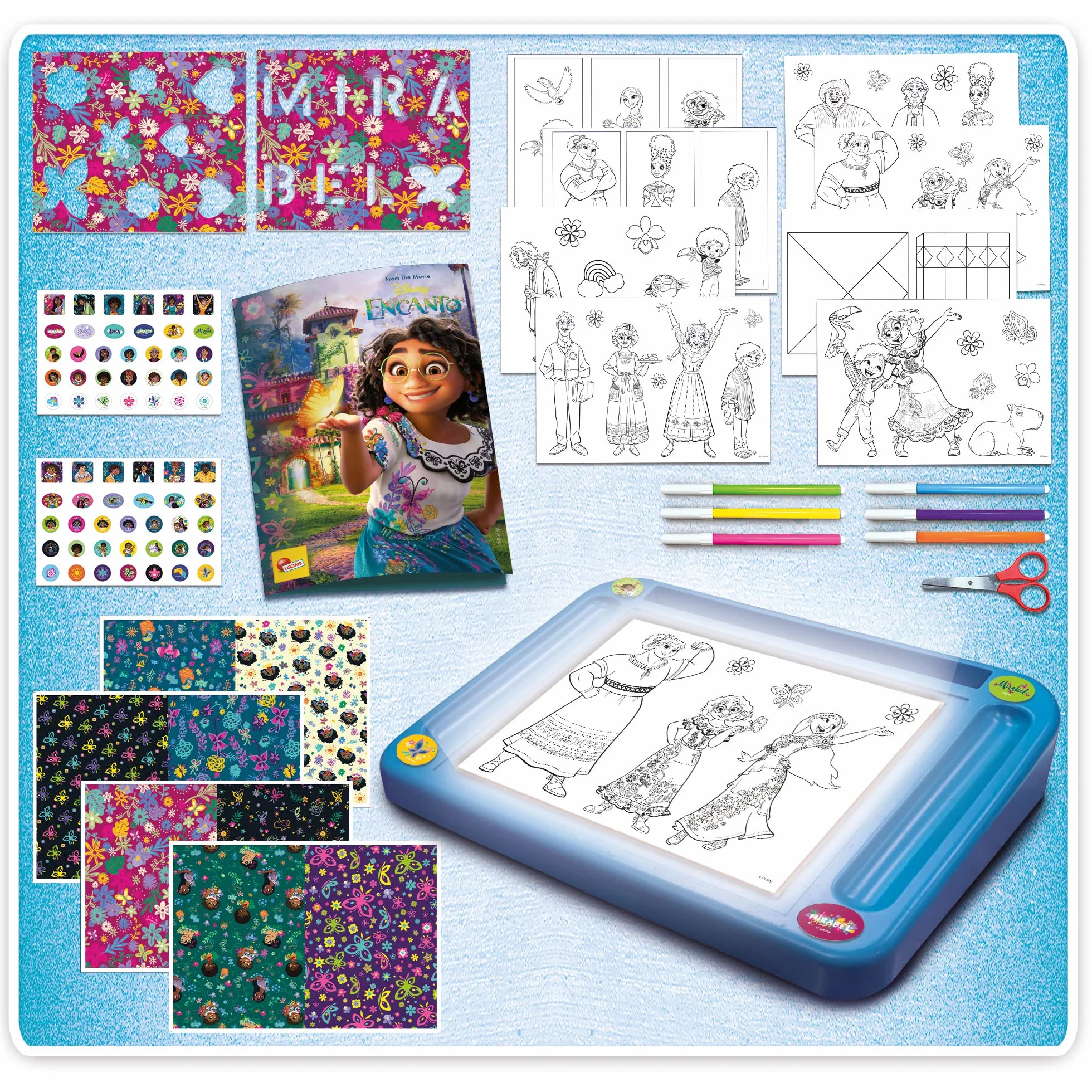 Liscianigiochi - Disney Encanto Drawing School con Lighting Table, Tavolino Luminoso, Pennarelli, Cartellina, Pattern, Stickers, Schede attività, Manuale di Istruzioni, Multicolore, m, 98255