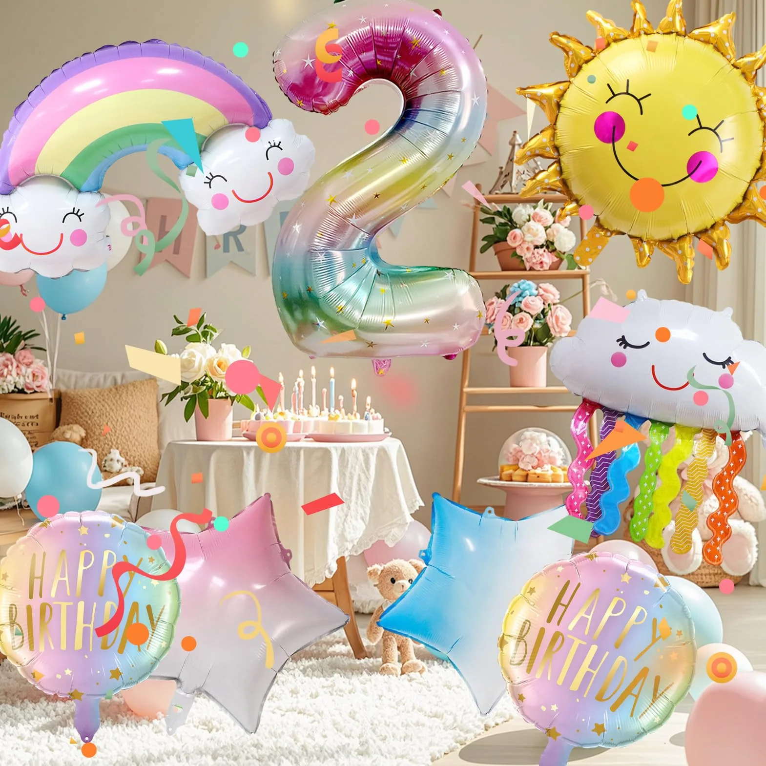 Palloncini Arcobaleno 2 Anni 8 Pezzi, Palloncino Foil Compleanno Bambina