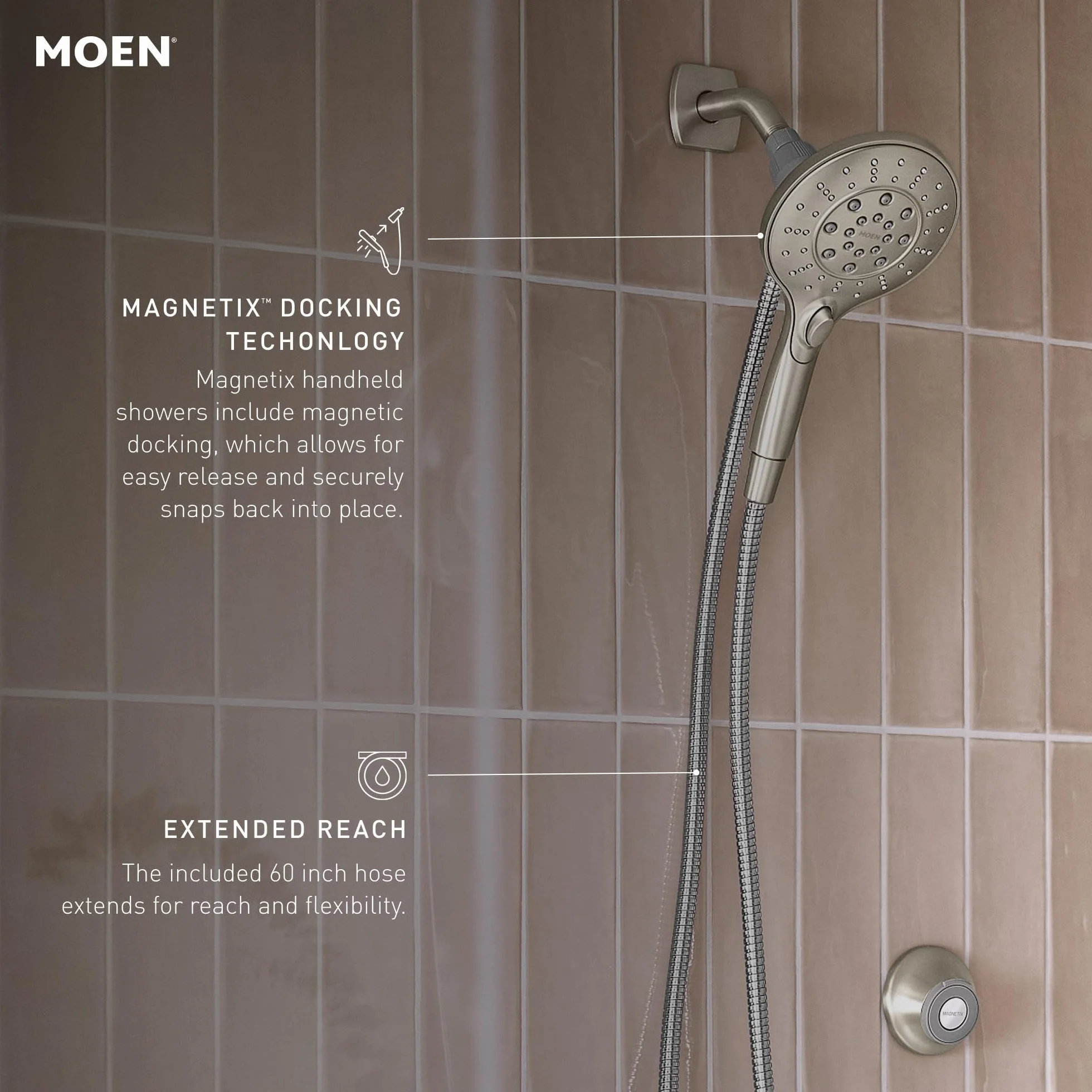 MOEN Engage 26112SRN - Soffione doccia a 6 funzioni, 14 cm, rimovibile, con sistema di aggancio magnetico, misura unica, in nichel spazzolato resistente alle macchie