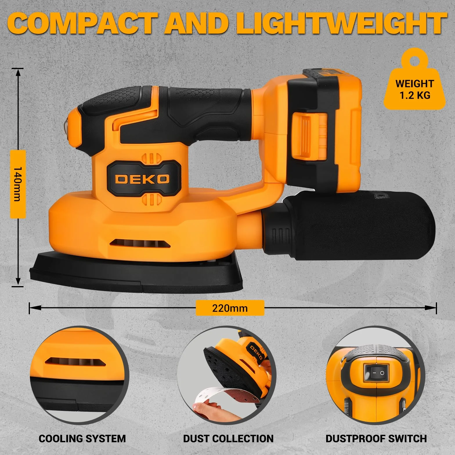 DEKOPRO 20V Levigatrice Mouse Multifunzione Palmare 13000 RPM, 3 Accessori, 12 Carte Vetrata