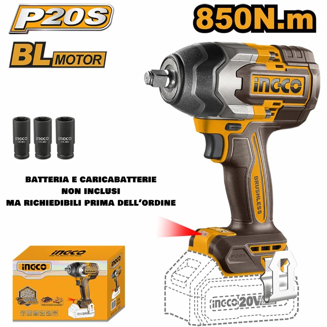 Ingco Avvitatore a impulsi a batteria 20 V 850 Nm 1/2" Brushless Solo corpo