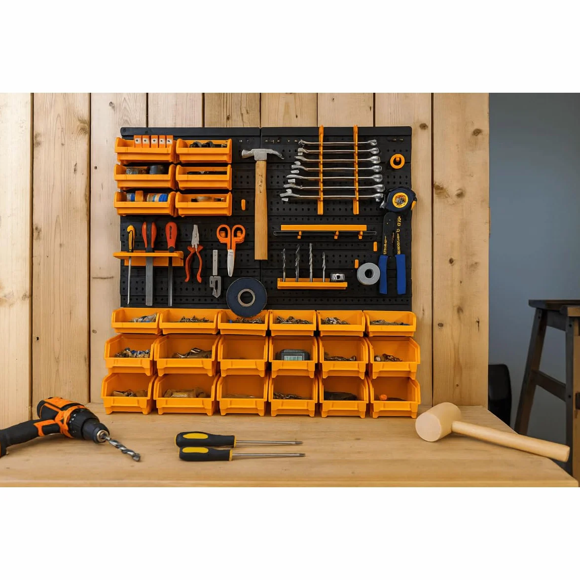 INTEC - Pannello a parete porta attrezzi completo (66 x 78 cm): 4 pannelli perforati, 27 contenitori (piccoli/grandi) e 38 ganci per un laboratorio organizzato