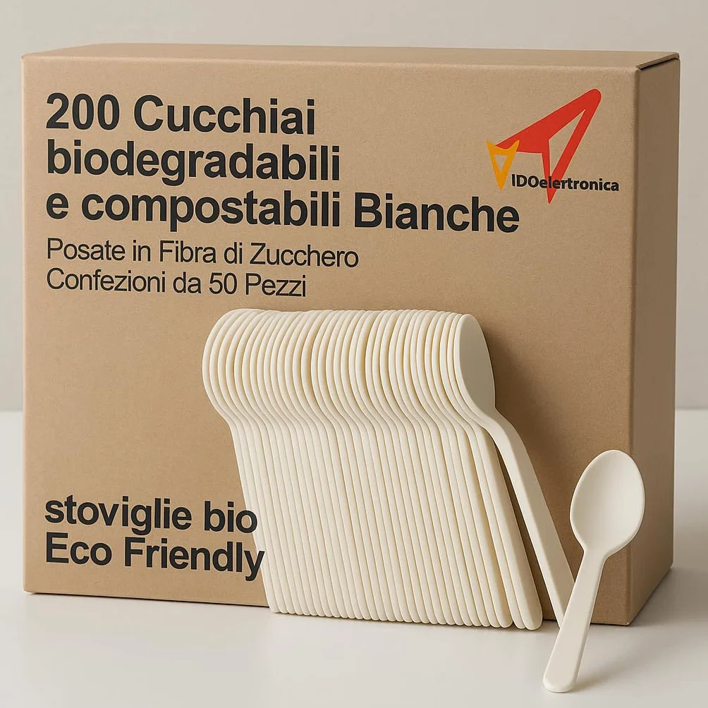 Cucchiai biodegradabili e compostabili in fibra di zucchero bianche 200 pezzi