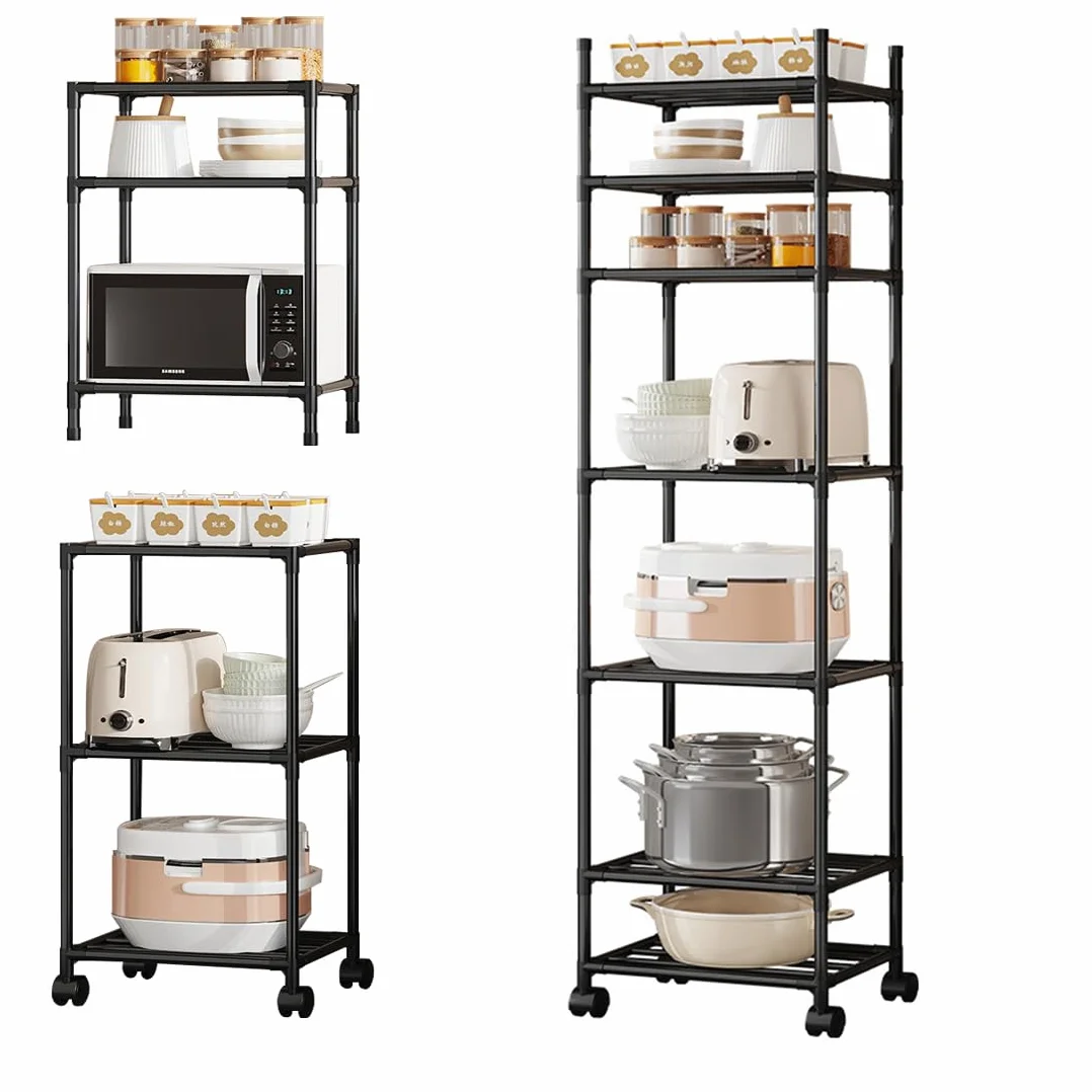 Scaffale a 6 ripiani alto e stretto, 42 x 32 x 165 cm, nero, con ruote e piedini antiscivolo, scaffalatura regolabile e rack portaoggetti per garage, bagno, cucina, angolo
