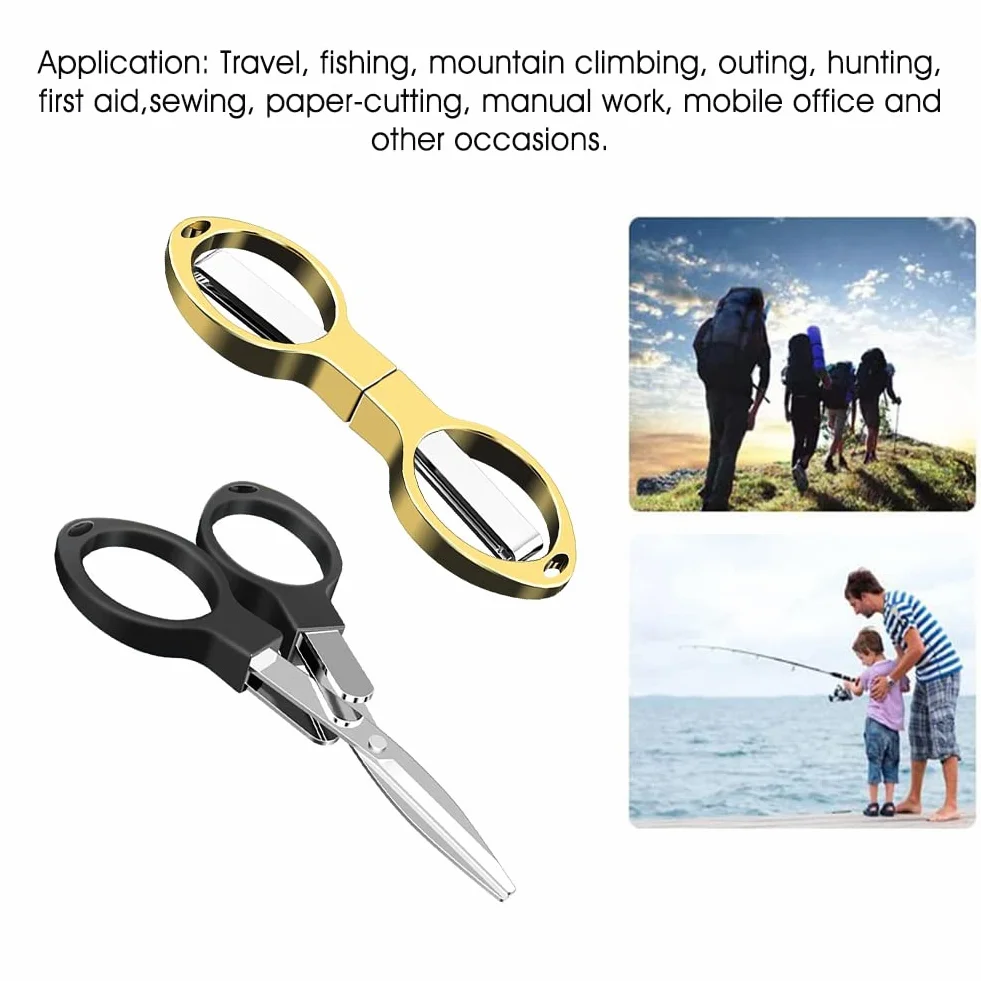 Forbici pieghevoli portatili,Forbici da viaggio di sicurezza,Mini forbici pieghevoli,Pesca,Lavoro ad ago e uso quotidiano,Oro,Nero,2PCS