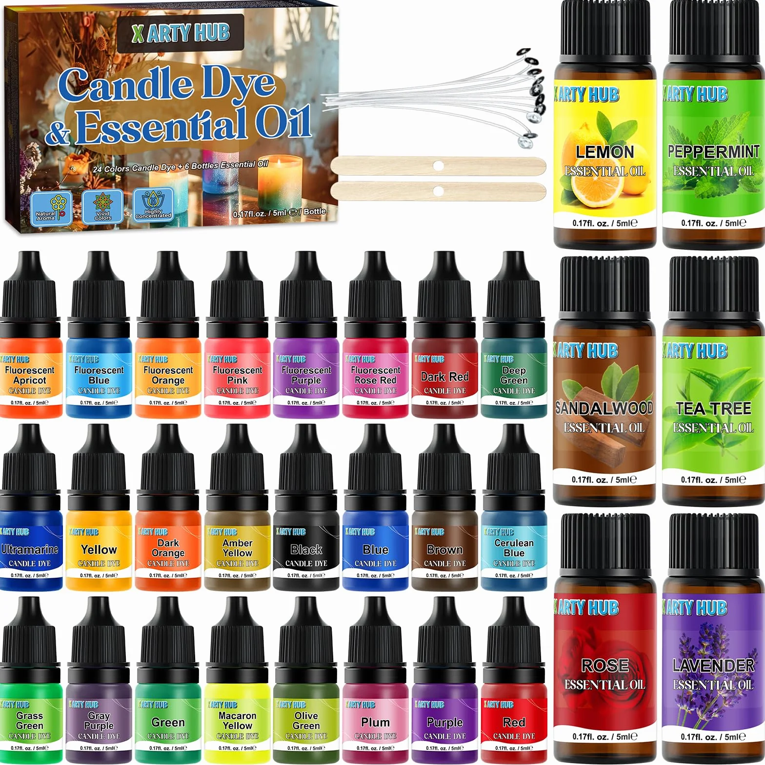 Colorante per Candele, 24 Colori Liquidi per Candele con 6 Oli Essenziali per la realizzazione di candele in cera di soia, Colorante per Cera per Candeles Profumate DIY - 0,17 Once/5 ml