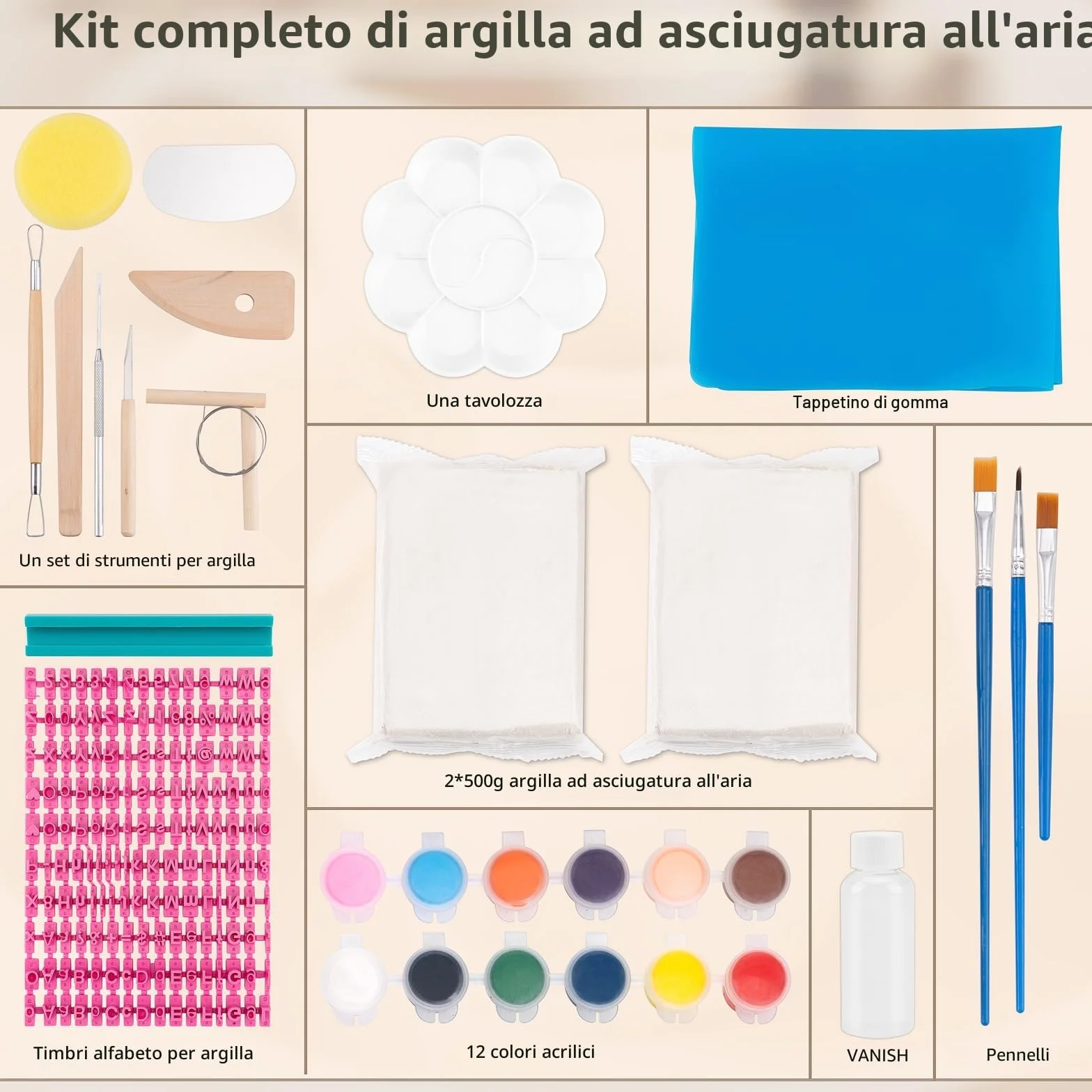 JelyArt Ceramica Fai da te Kit Argilla Senza Cottura Fai da te Creativo Adulti Include Argilla,Strumenti per Scolpire, Vivaci, Vernice, Timbri Alfabetici e Guida