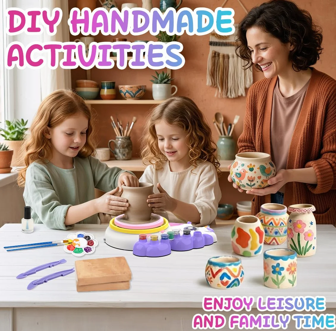 Tornio per Ceramica Bambina 3+ Anni, Fai Da Te Pottery Wheel Kit con Argilla Autoindurente, Lavoretti Creativi per Bambini, DIY Arte e Pittura Laboratorio, Natale Compleanno Regalo bimba Ragazza