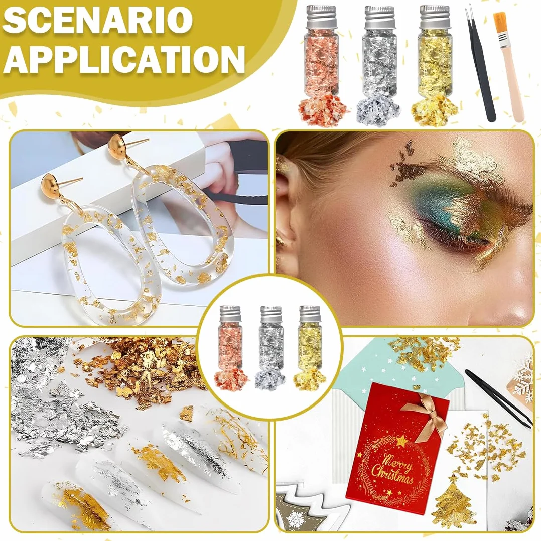 Foglia d'Oro per Doratura, Schegge di Foglia d'Oro, 3 Bottiglie, Pellicola Decorativa Multifunzionale