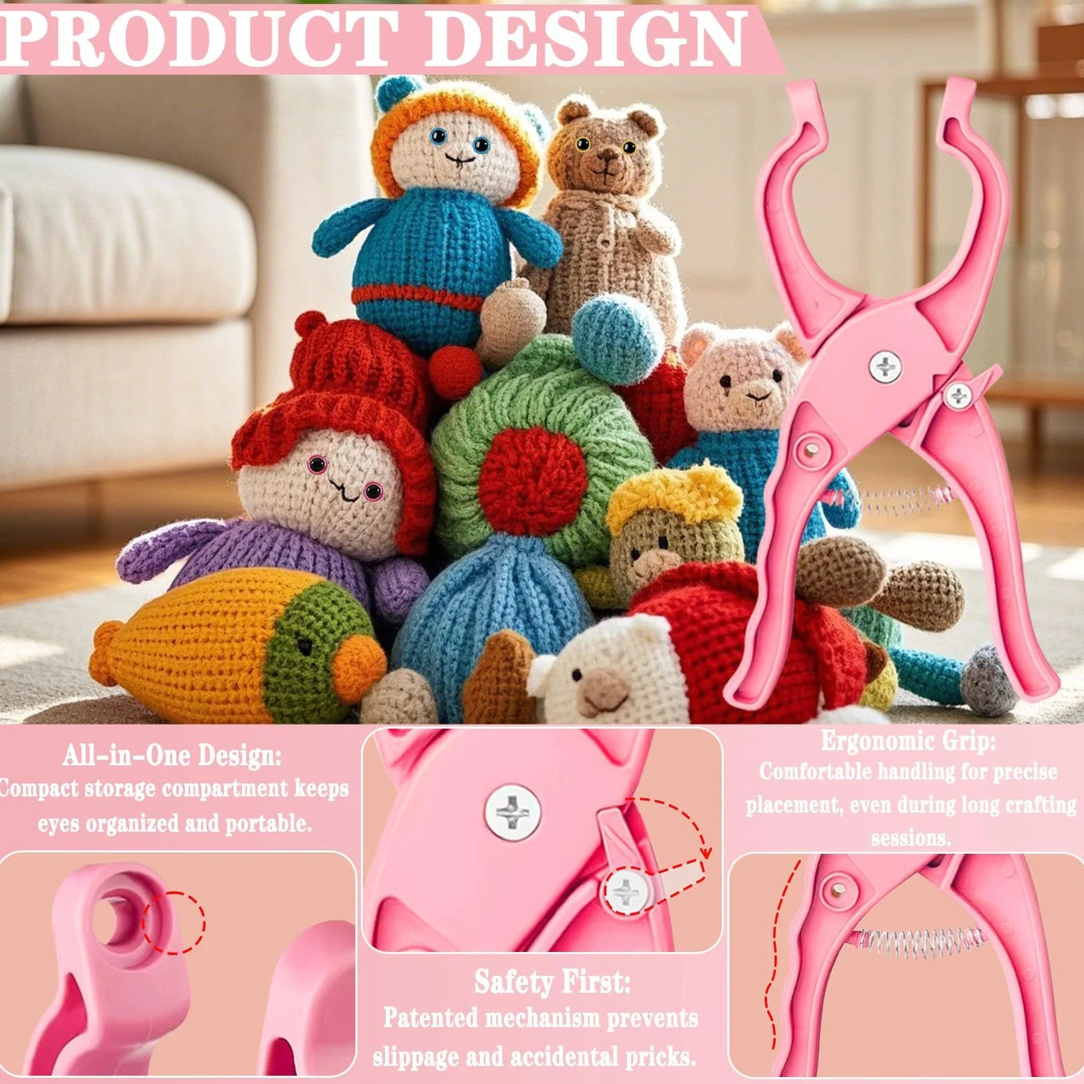Kit Strumento Occhi di Sicurezza Rosa 1150 PCS con Pinza Ergonomica per Occhi Amigurumi 3D Glitter, 5-30 mm per Animali all’Uncinetto, Pupazzi e Peluche, Accessori Fai da Te con Rondelle e Nasi