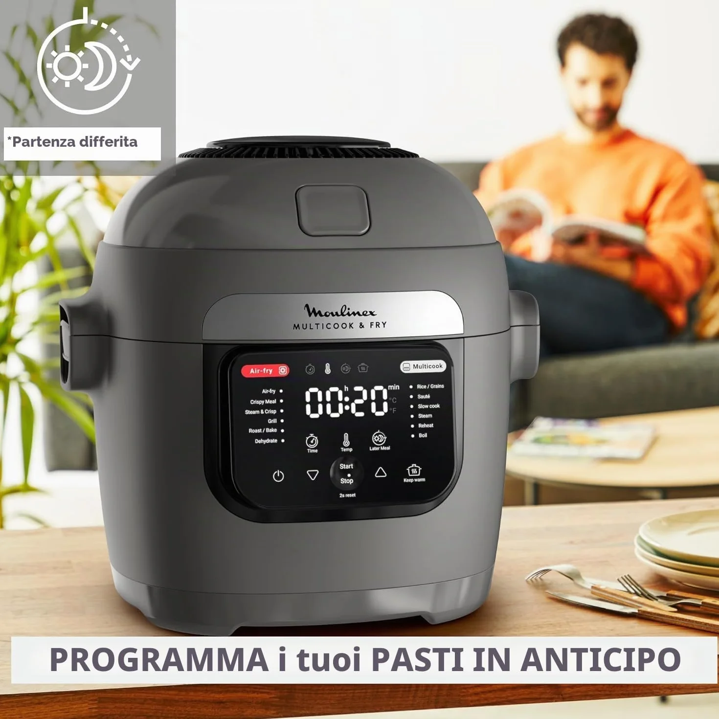 Moulinex Multicook & Fry MZ730BF0 Multicooker e friggitrice ad aria integrata, con 12 programmi, cottura su 2 piani, funzione di programmazione, capacità da 6 l, grigio (gris hippo)