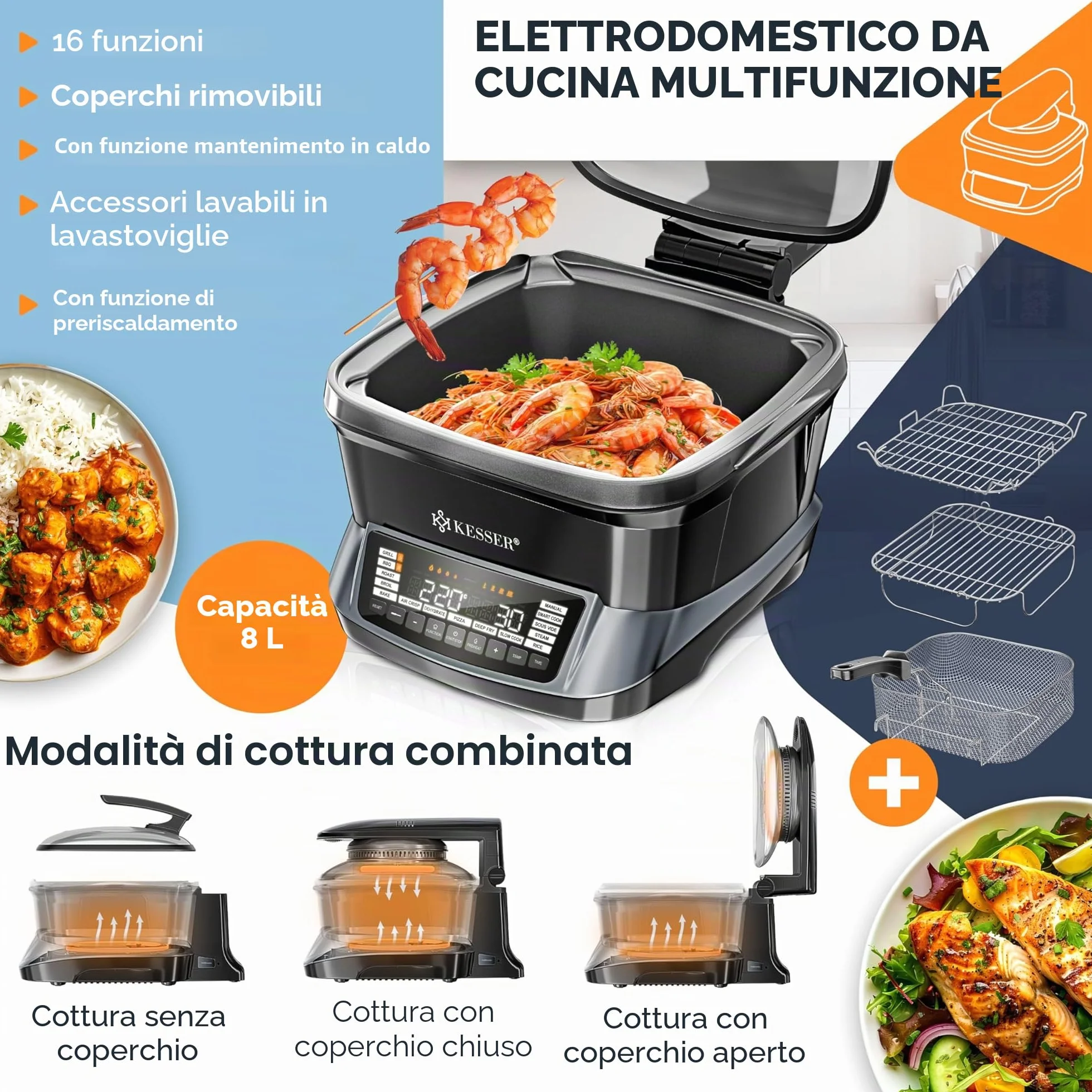 KESSER® Fornello multicooker con friggitrice ad aria calda, 8 l e 16 programmi, utensile da cucina – grigliare, cuocere, stufare, cuocere a vapore, funzione preriscaldamento e mantenimento del calore