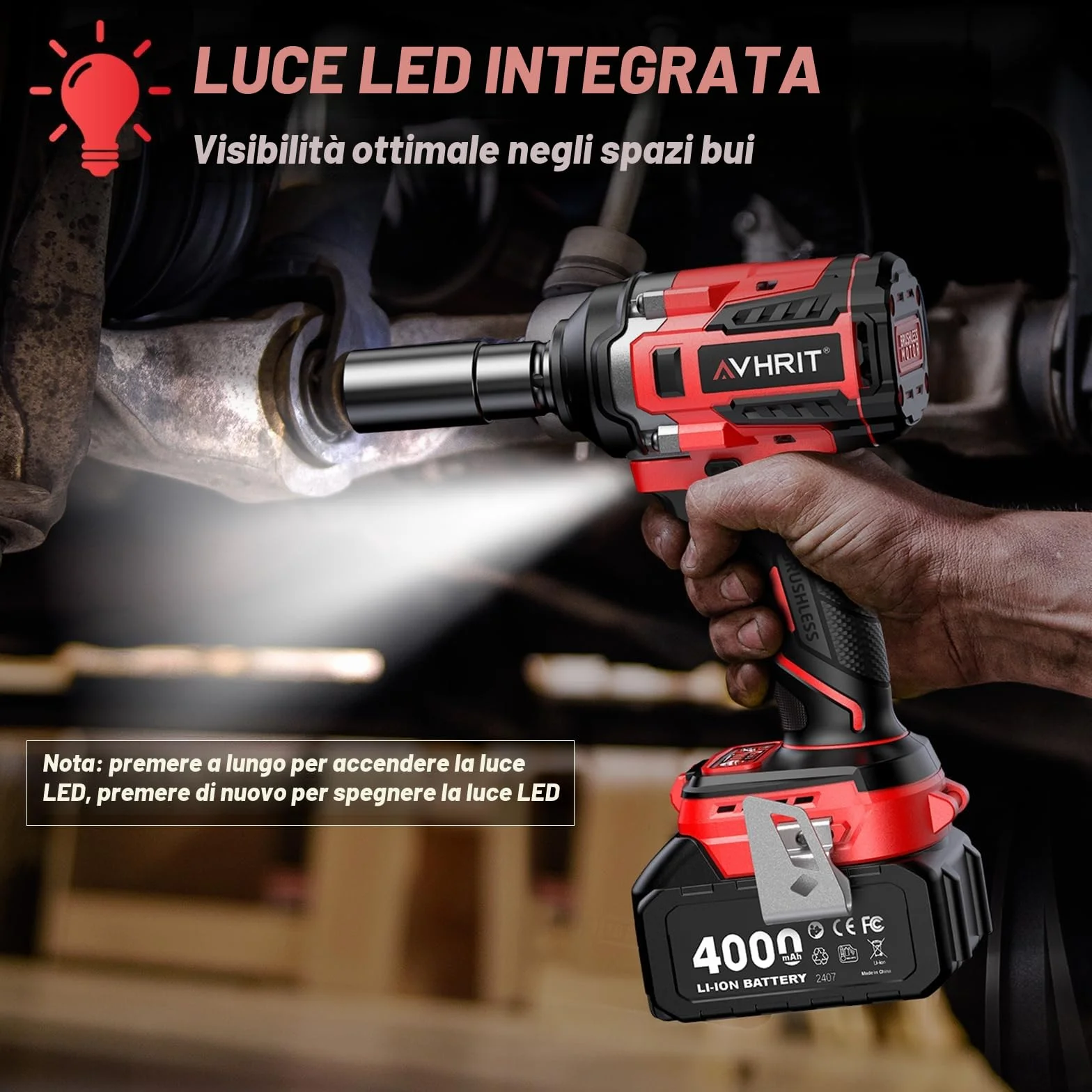 Avvitatore a Impulsi Brushless 1/2" 700N.m Elevata Avvitatori a Massa Battente con 2x 4000mAh Batteria, 5 Bussole, 4 Punte, 4 Viti, Trapano a Impulsi Brushless per Auto Casa